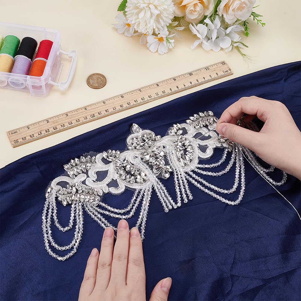 FINGERINSPIRE Beaded Rhinestones Applique Embellishment 5.1x10.8x0.2inch White Flower Organza Applique Patch with Beads Chain Sew-on Rhinestone Appliques for Wedding Dress DIY Accessories Belt Waist