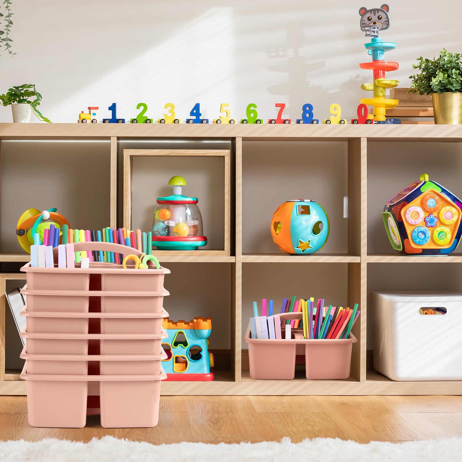 Lineshading Tragbare Kunststoff-Aufbewahrungsboxen mit 3 Fächern, Organizer mit Griffen für Zuhause, Bibliothek und Büro, Organisationsbedarf für Tisch, Schreibtisch, Büro, 12 Stück (Fleischrosa)