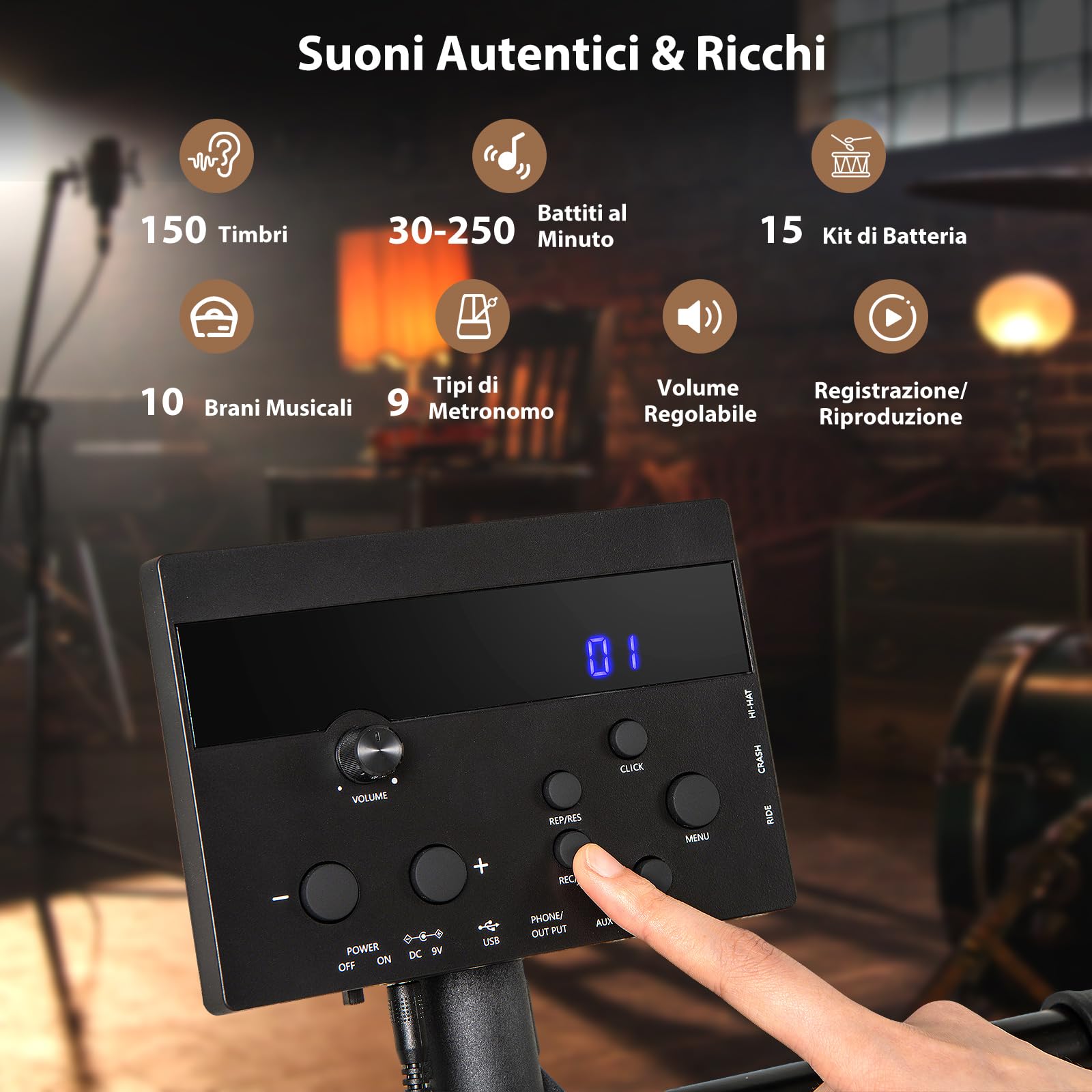 COSTWAY Set di Batteria Elettrica a 7 Pezzi, con 4 Pad a Rete, 3 Piatti, 150 Suoni e 10 Demo, Batteria Musicale per Principianti con Supporto Pieghevole, Sgabello Regolabile, Bacchette e Cuffie