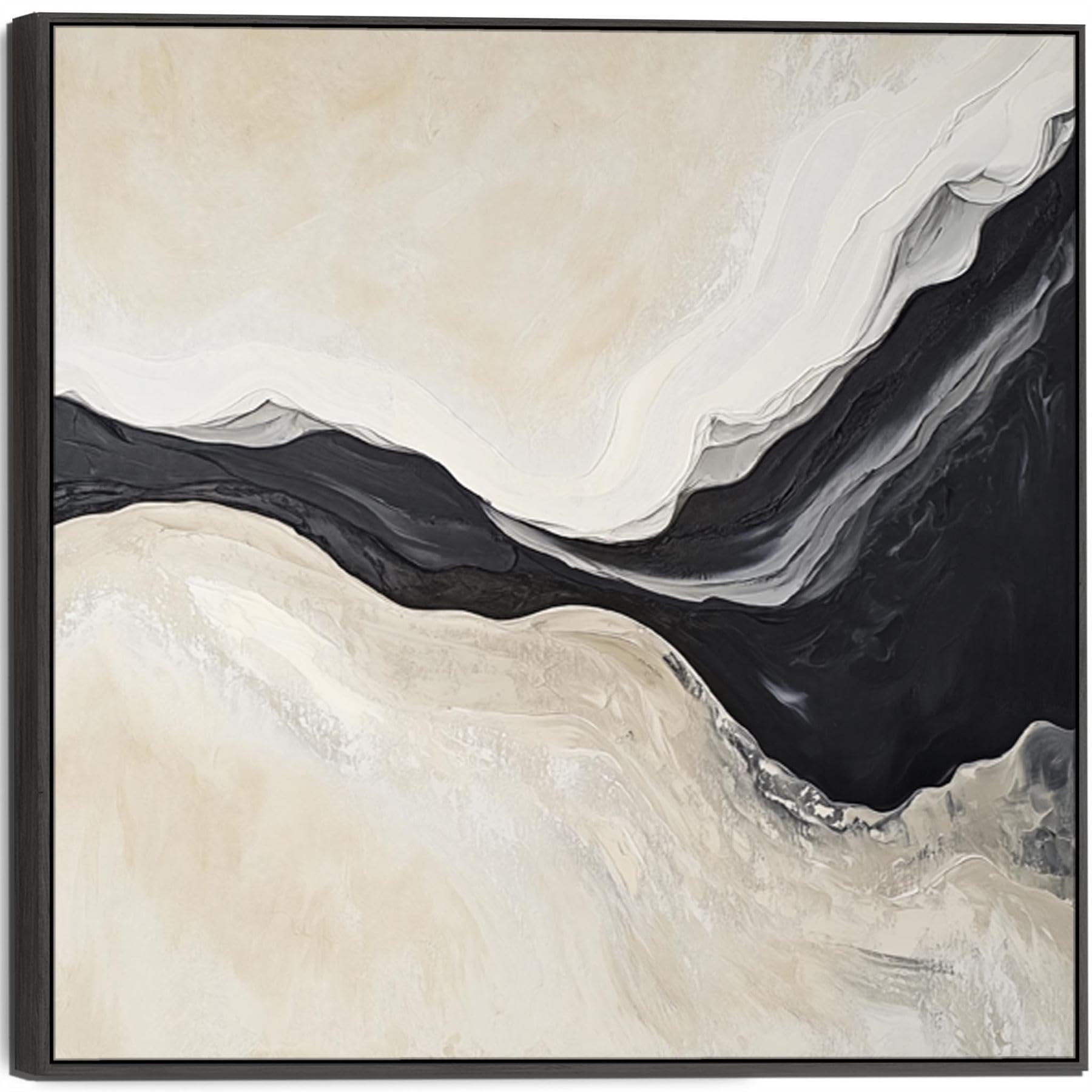 Wallfillers Cream Neutral Bedroom Framed Wall Art Canvas Print Cream Black Abstract (100Cm X 100Cm)