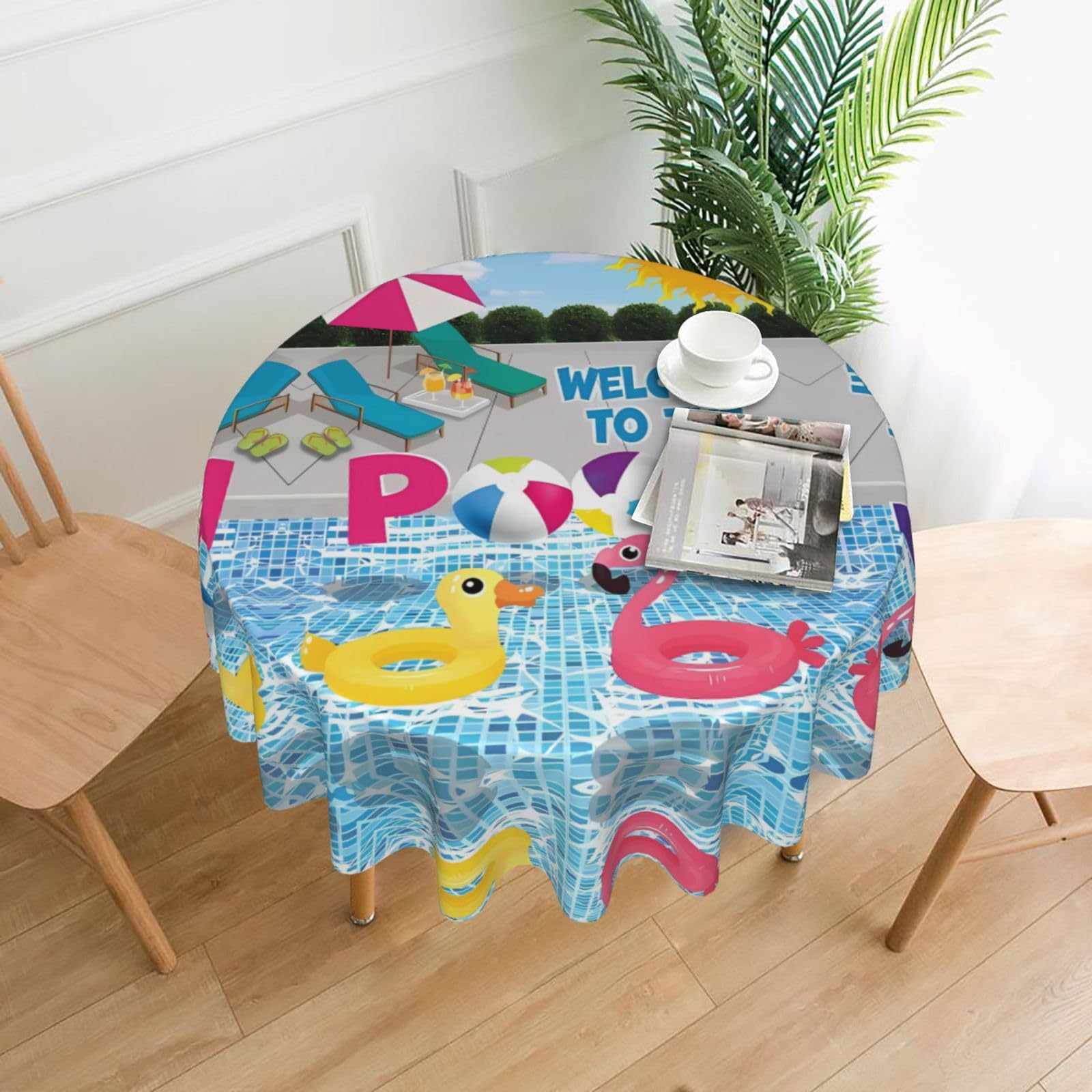 WHJSHOP Flamingo and swimming pool Prints Round Decorative Throw – 60in Stylish Table Cover for Dining, Parties & Outdoor Events