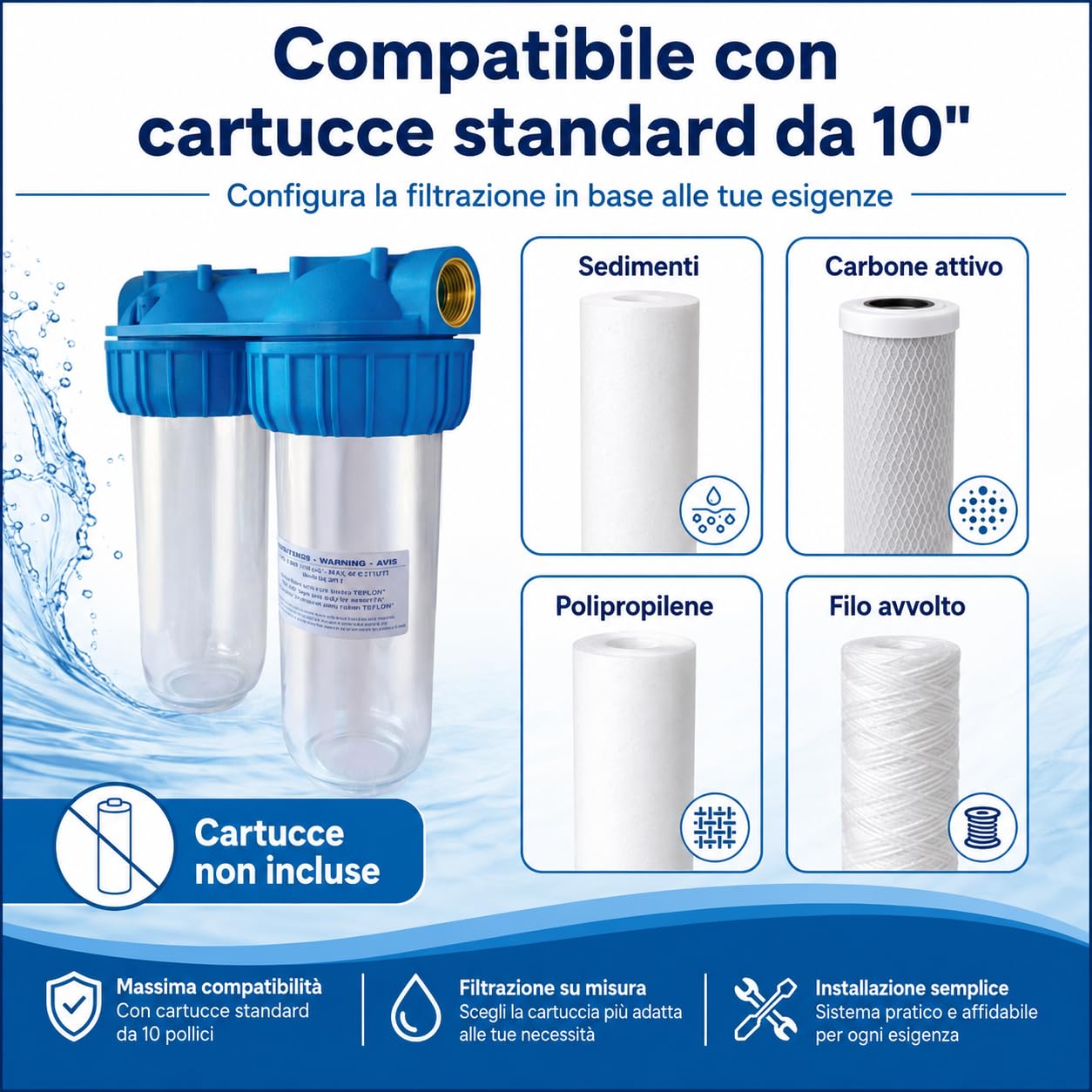 Sistema filtro acqua doppio 10" per casa e impianto domestico, portafiltro universale per sedimenti, cloro, sabbia e impurità, compatibile cartucce standard 10 pollici, installazione facile a parete
