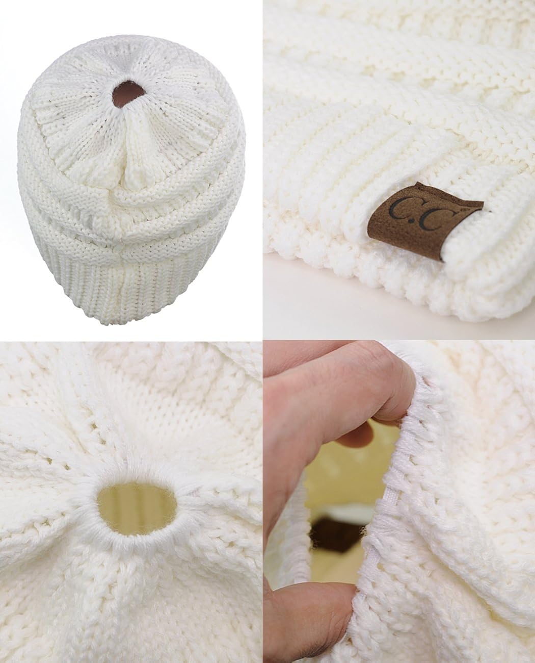 C.C BeanieTail Soft Stretch Cable Knit Messy High Bun Ponytail Beanie Hat, Ivory at  Women’s Clothing store