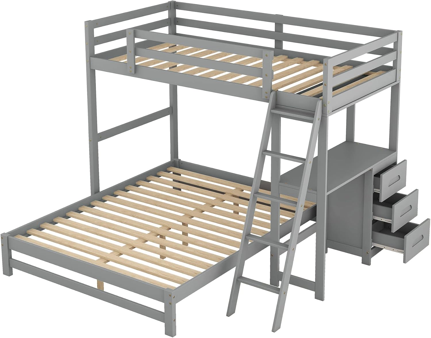 Merax Twin Over Full Bunk Bed with Ladder & Guardrails, Solid Wood Bunk Beds Frame with Built-in Desk and 3 Drawers, Split into Twin Size Loft Bed & Full Size Platform Bed, No Box Spring Needed, Gray