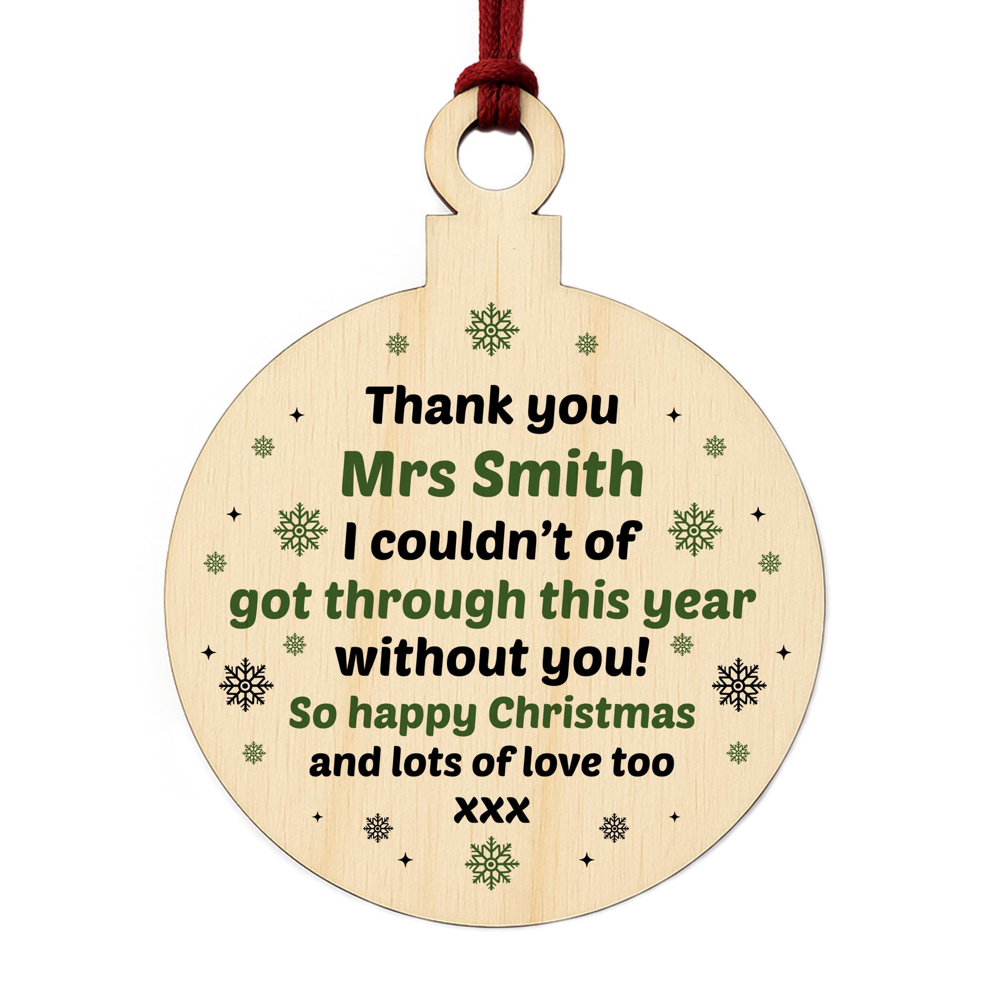 Red Ocean Personalised Christmas Thank You Gift For Teacher Assistant Wood Bauble Tree Decorations