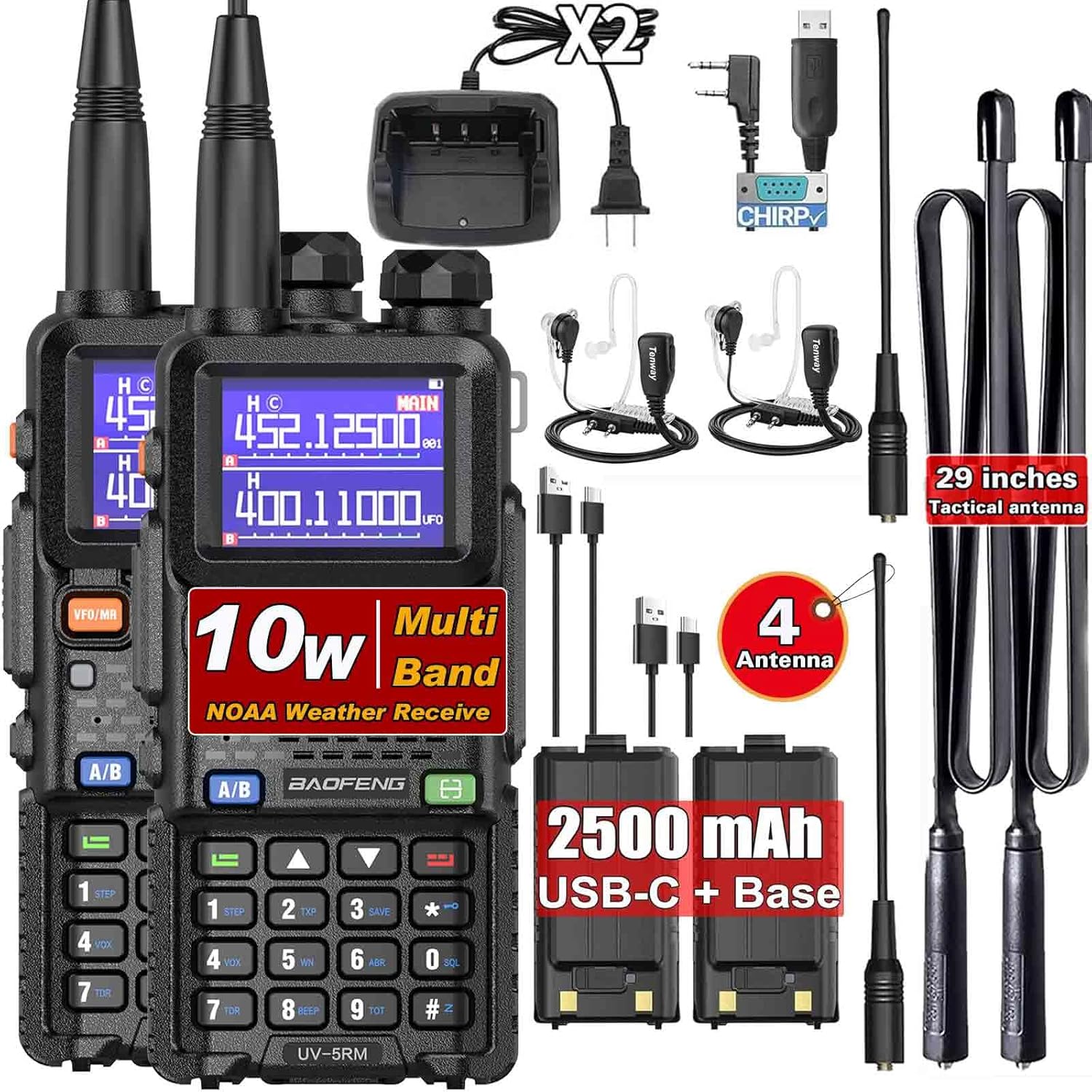 BAOFENG UV-5RM 10W Long Range Ham Radio Walkie Talkie with NOAA Weather Receiver 2500mAh Rechargeable Battery one-Key Frequency Copy Earphone Type-C Charging and Programming Cable (Tactical Antenna)