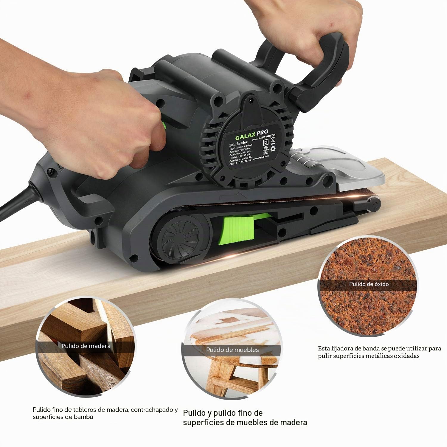GALAX PRO Lijadora de banda con control de velocidad y conexión para aspiradora, incluye bolsa para el polvo y cinta abrasiva, lijadora de 1010W con superficie de lijado de 533 mmx76 mm