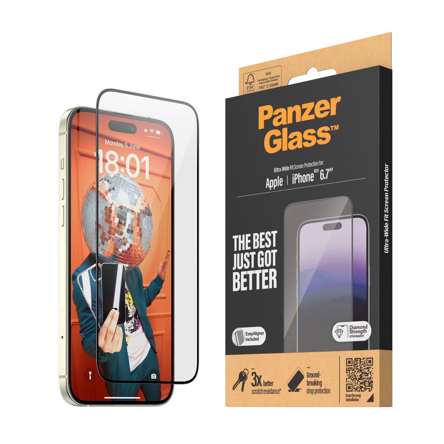 PanzerGlassUltraWide Screen Protector Compatible with iPhone 15 Plus 2023 6.7" - Clear w/Black Frame