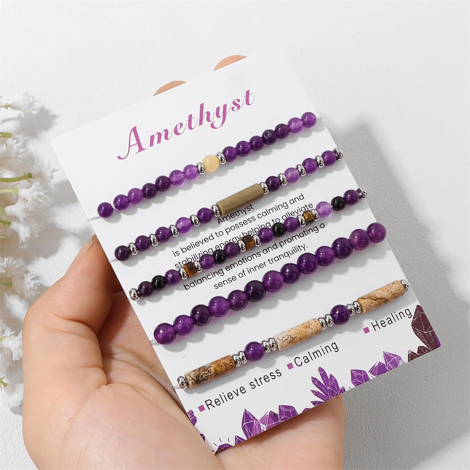 5Pcs Crystal Bracelet for Women Spiritual Natural Stone Bracelet Set Stackable Beaded Bracelets Healing Crystal Bracelet Gemstone Bead Bracelet Beaded Stretch Bracelets for Women - Image 5