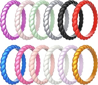 12 Packs Silicone Wedding Rings for Women, Thin Braided Rubber Wedding Bands Stackable Ring, Hypoallergenic Silicone