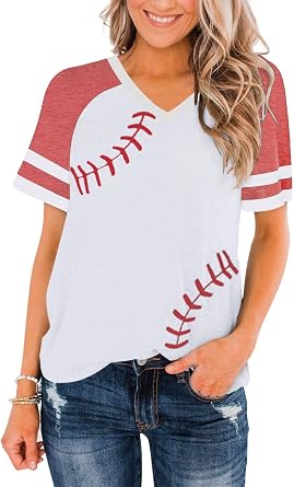 Womens V Neck Baseball Shirts Short Sleeve Patchwork Baseball Print Raglan Baseball Tees