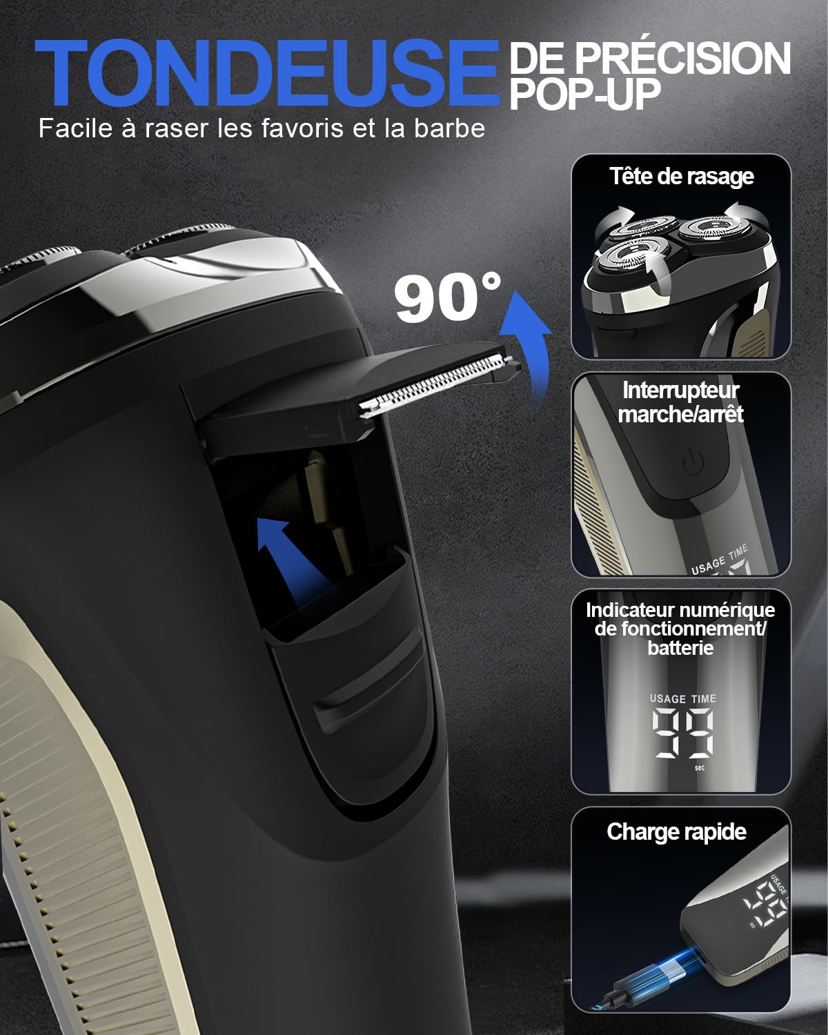 Rasoir Électrique Homme Rechargeable 4D avec Écran LED, IPX7 Rasoir Homme Étanche Humide & Sec, Rasoir Rotatif Sans Fil, Tondeuse Barbe avec Tondeuse Rétractable et Verrouillage Voyage(Noir)