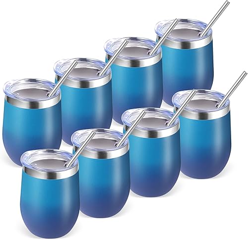 Miniatura 25 de Volhoply - Juego de 12 vasos de vino de 12 onzas con tapa, hechos de acero inoxidable con aislamiento al vacío de doble pared, vasos de vino sin