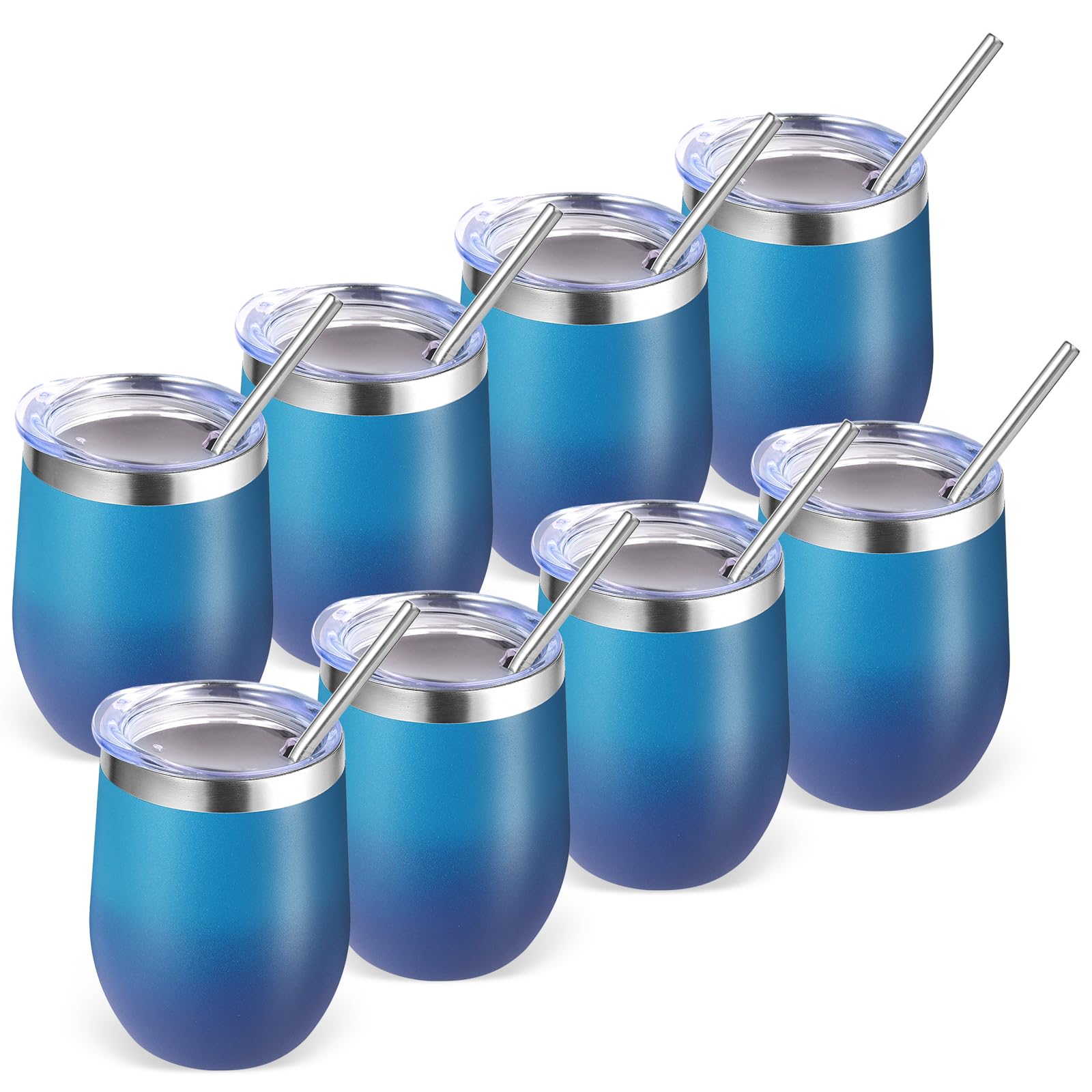 Volhoply 12oz Stainless Steel Wine Tumbler with Lid Bulk 8 Pack,350ml Double Wall Vacuum Stemless Wine Glasses,Metal Travel Coffee Mug with Straw,Insulated Cup Gifts for Christmas（Dark Night,8 Set）