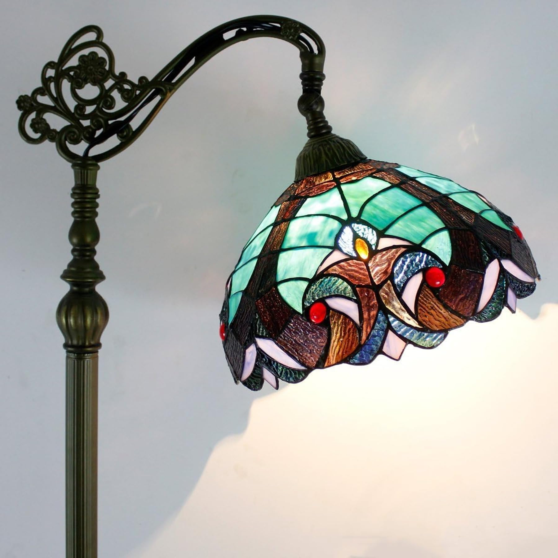 WERFACTORY Tiffany Style Floor Lamp Green Liaison Stained Glass Gooseneck Adjustable Arched Lamp 12X18X64 Inches Corner Standing Reading Light Decor Living Room Bedroom S160G Series