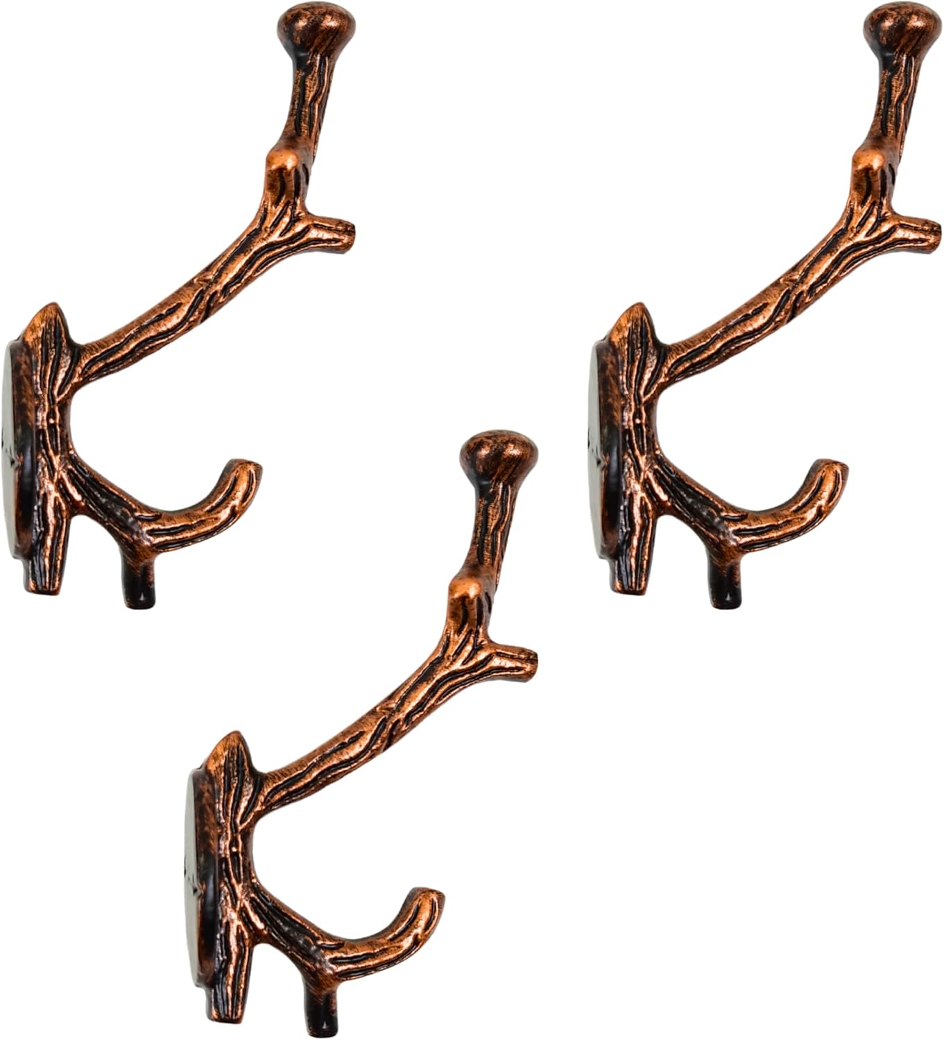 Set of 3 Cast Iron Tree Branch Shape Coat Hooks Wall Art Decor-Branch Shape Hangers and Key Holder-Clothes Rack and Backpack Hanger-Coat Hooks Home Decor for Storage,Living (Copper Antique)