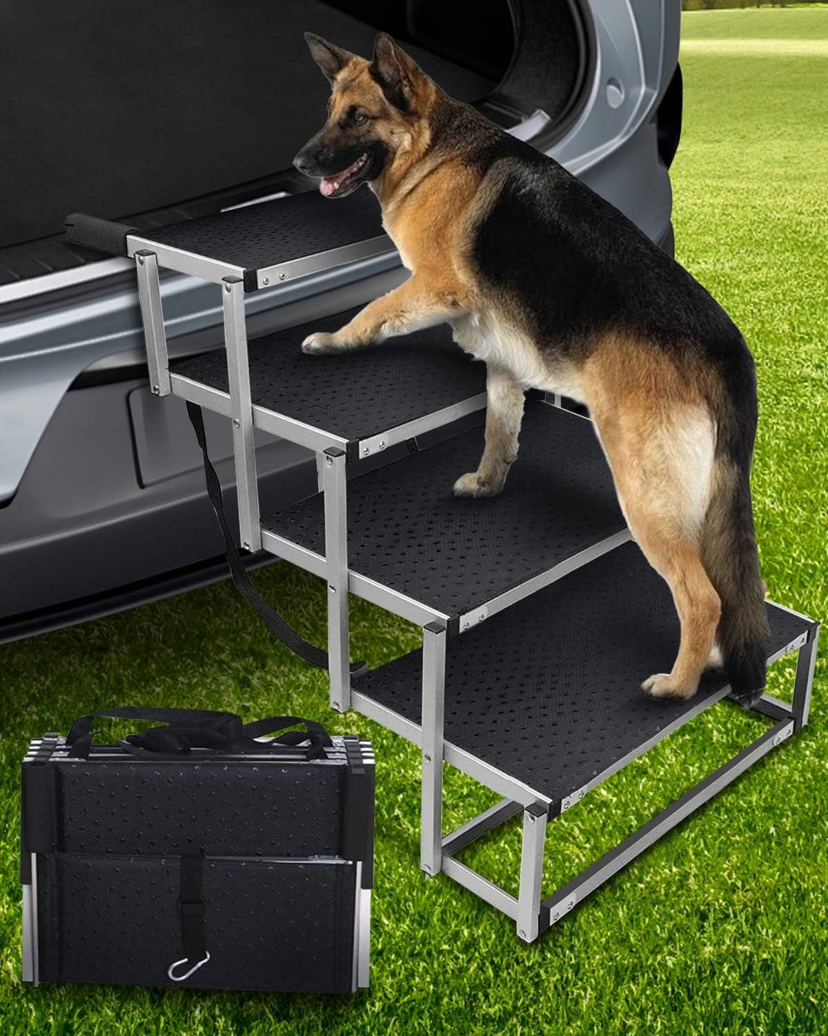 Extra Wide Dog Car Ramp for Large Dogs, 4 Steps Portable Large Dog Steps for Car Truck SUV High Bed, Aluminum Stairs with Non-Slip Surface, Outdoor Ramp Stairs for Dogs Max Up to 250lbs