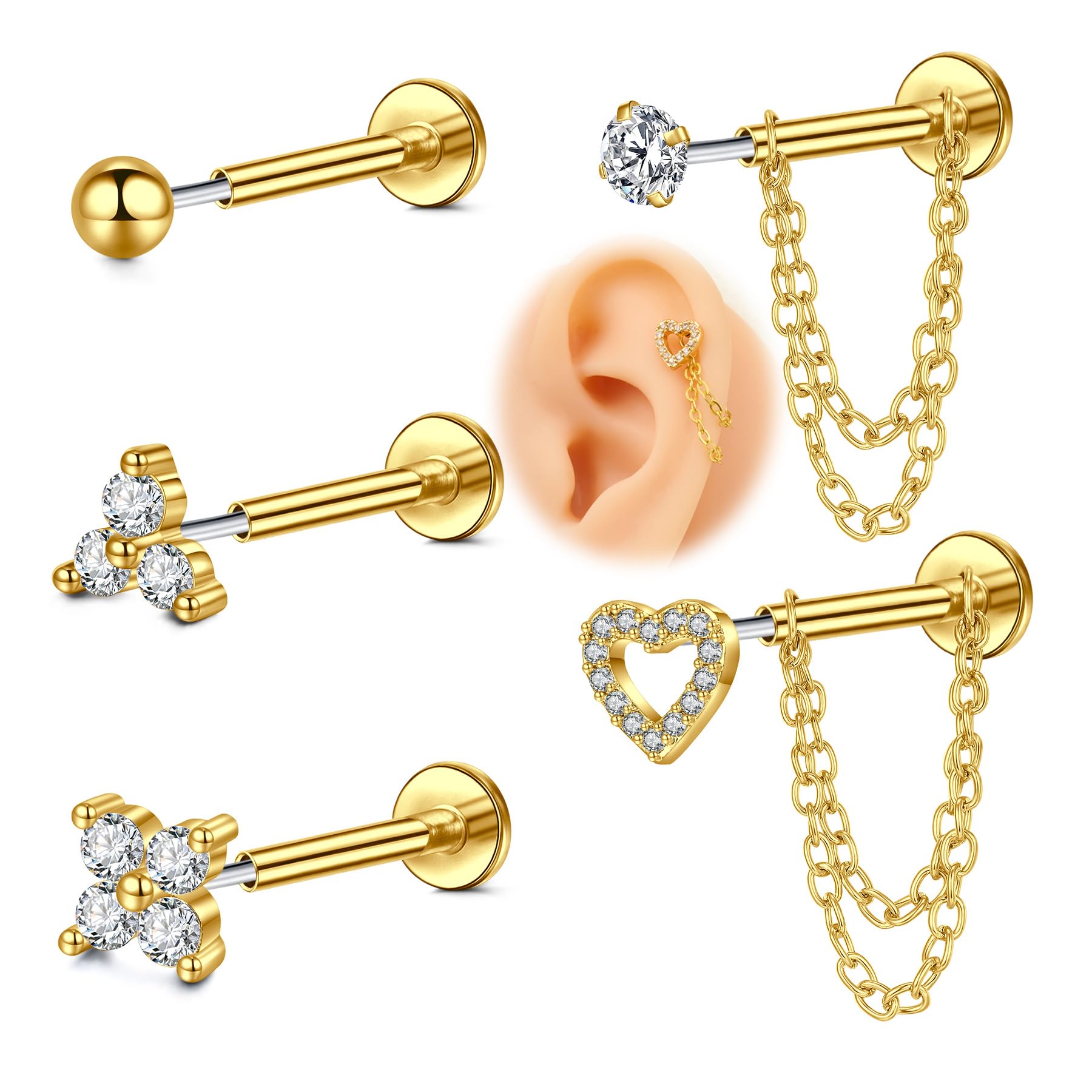 QSKISS 16G Flat Back Piercing Ohrs Push In Knorpelpiercing Kettenpiercing Ohr Für Frauen Edelstahl Hypoallergen Fadenloses Tragus Piercing