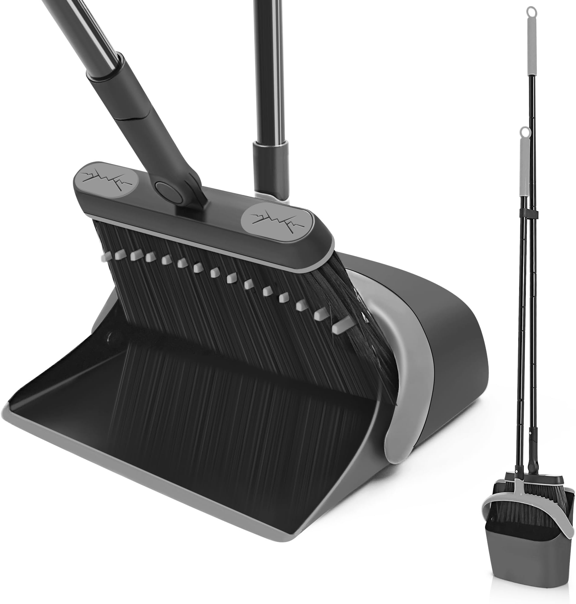 Long Handled Dustpan and Brush Set, 138 cm Tall Swivel Broom, Upright Foldable Dust Pan with Comb Teeth for Home Kitchen Lobby Indoor Floor Cleaning (Black & Gray)