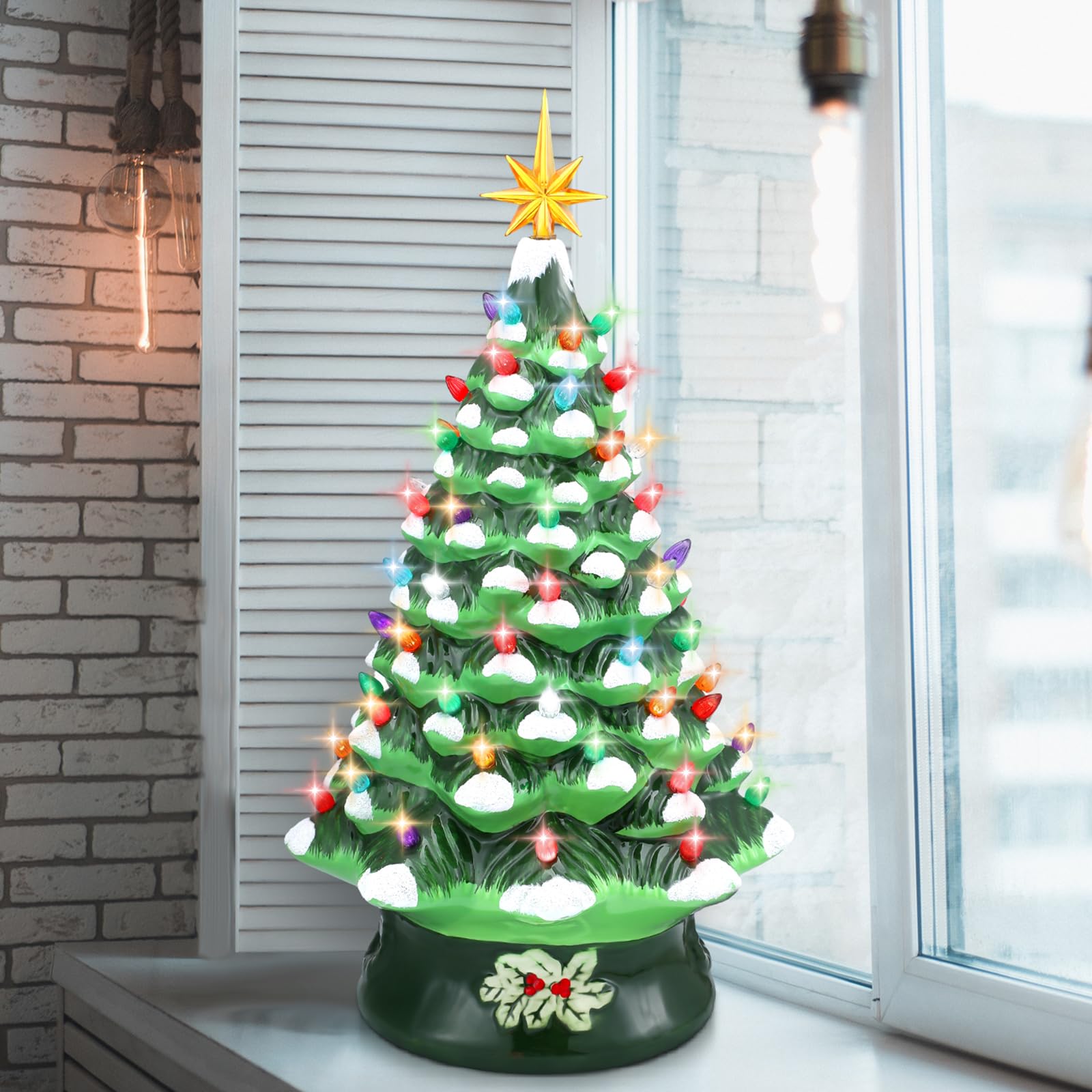 Uiifan 18in Extra Large Nostalgic Ceramic Christmas Tree Ceramic Lighted Christmas Tree with LED Lights Hand Painted Vintage Ceramic Christmas Tree Tabletop Figurine for Holiday Decorations(Green)