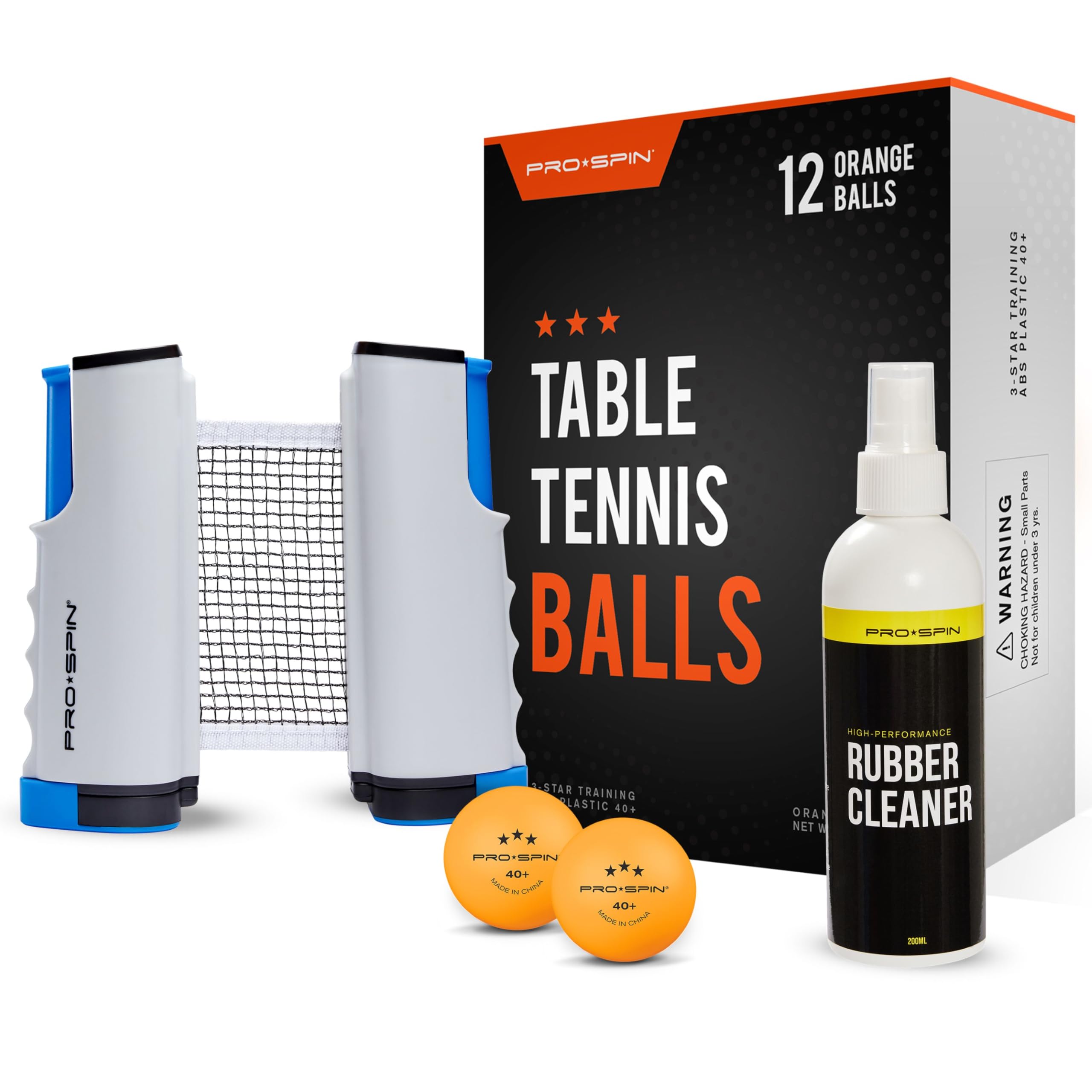 PRO-SPIN Ping Pong Accesory Bundle – Retractable Ping Pong Net, 12 High-Performance Ping Pong Balls & Table Tennis Rubber Cleaner – Durable 40+ ABS Balls, Portable Net, 200ml Cleaner Kit