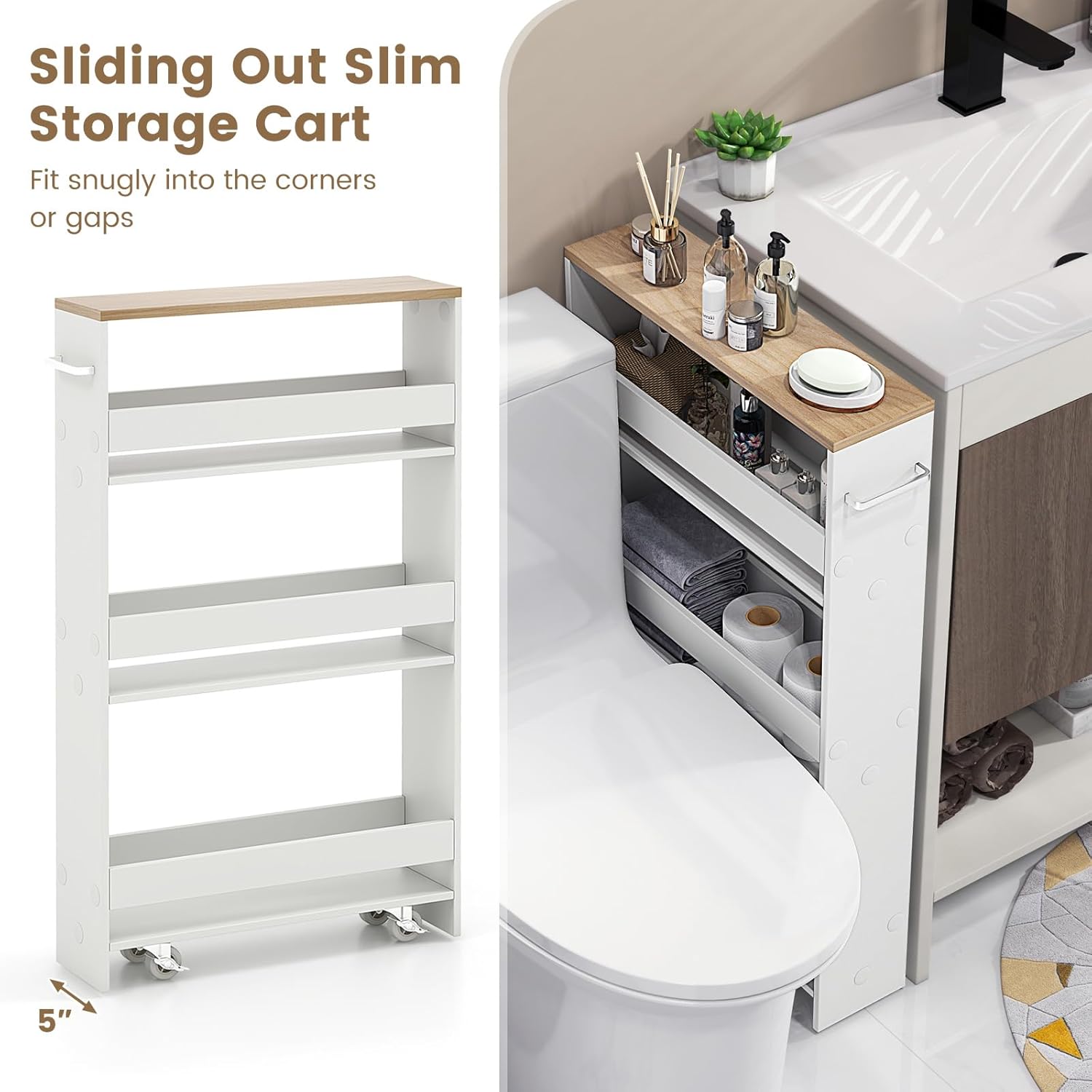 4-Tier Slim Rolling Storage Cart, Wooden Kitchen Utility Cart with Wheels & Handle, Space Saving Trolley, Slide Out Shelving Unit for Narrow Spaces, Laundry, Bathroom (White + Natural)