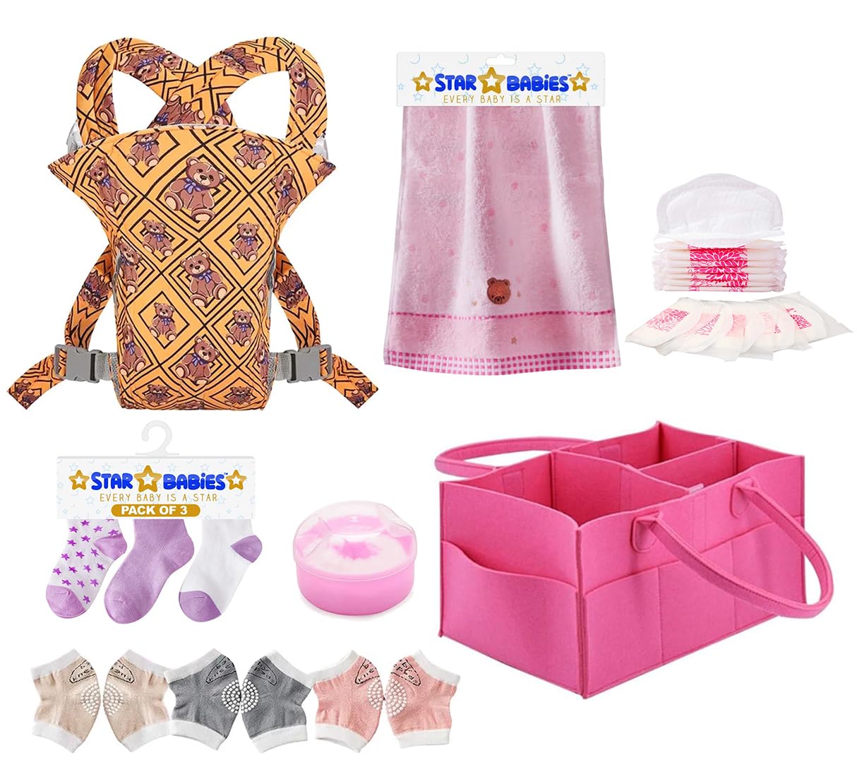 Star BabiesBaby Essentials Pack Pack of 6 With Free Caddy Diaper Organizer (Baby Kneed Pad 3pair, Socks 3pair, Powder puff, Face towel, Baby Carrier, Breast Pad 20pcs with Caddy Diaper Free)-Pink