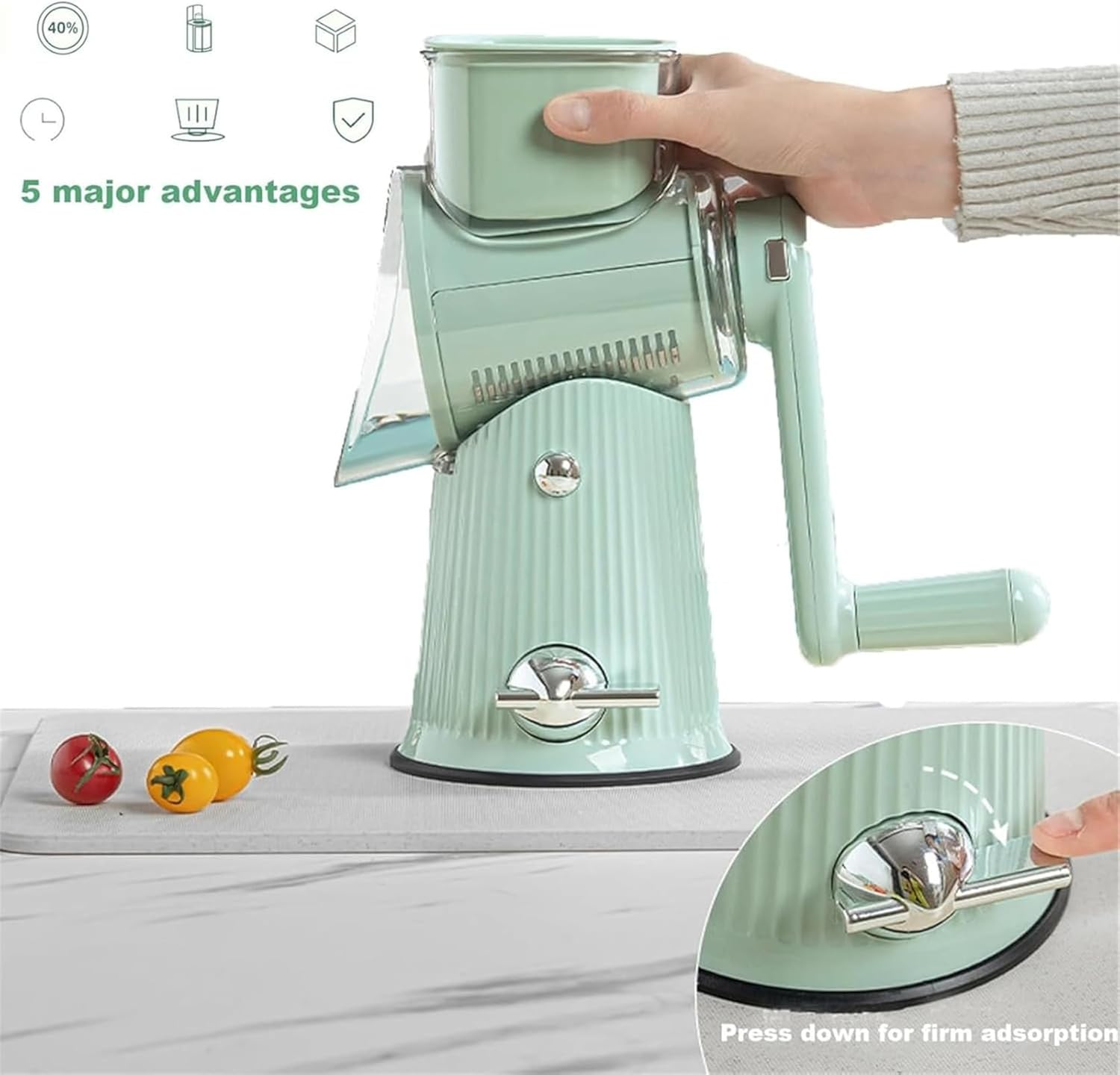 5 in 1 Round Slicer, Cheese Grater, for Kitchen with 5 Blades & Blade Storage Box & Strong Suction Base (White)