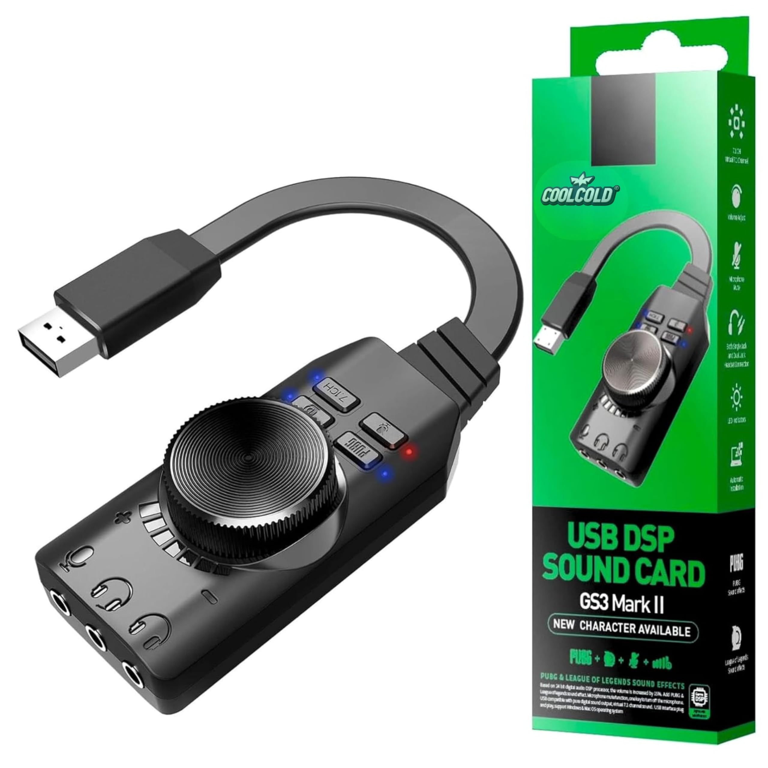 COOLCOLD USB Sound Card External Audio Adapter with 7.1 Surround Sound, Volume Control & Mic Mute, USB to 3.5mm Headphone & Microphone Jack for PC, Laptop, PS4, Gaming Headset – GS3 Mark Plug & Play-image-2
