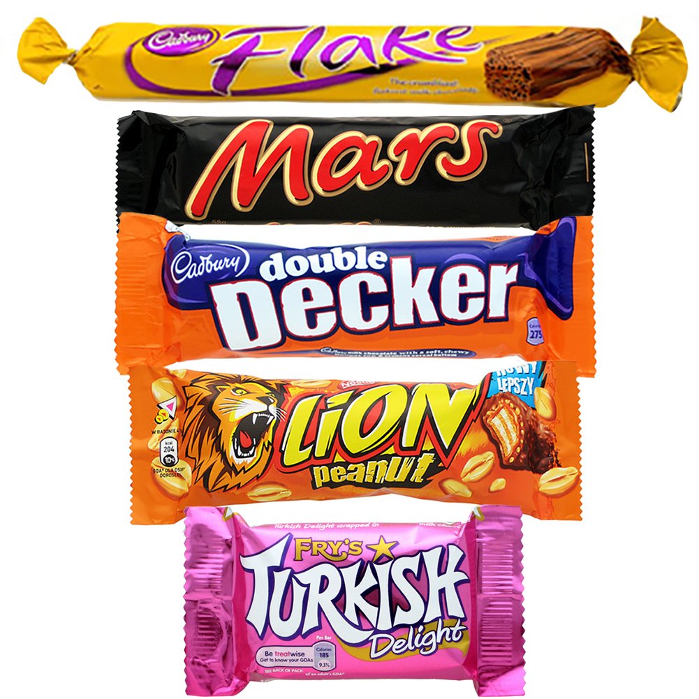 Pack A .. 5 British Chocolate Bars - Flake, Peanut Lion Bar, Double Decker, Mars & Turkish Delight