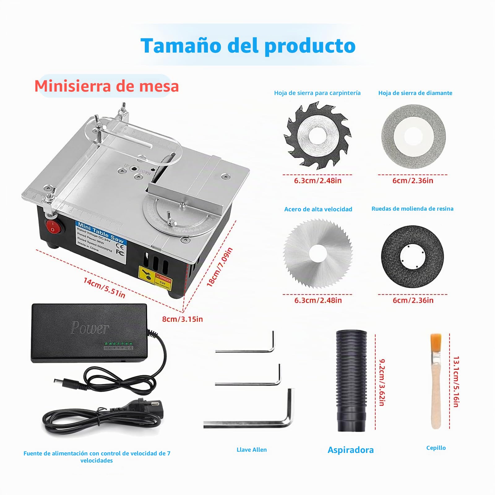 Mini sierra circular de mesa, fuente de alimentación de 7 velocidades, sierra de mesa ajustable de precisión con 4 cuchillas, sierra circular de mesa de 96 W, hoja de sierra portátil de 0,1-15 mm