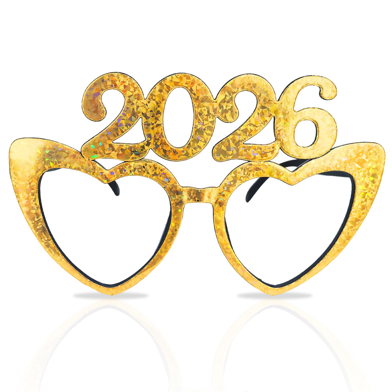 Fogcosy Happy New Year 2026 Glasses - 2Pcs Gold Glitter Love Heart Party Glasses, Novelty Happy New Year Glasses Decorations for Kids Adults Costume Photo Props
