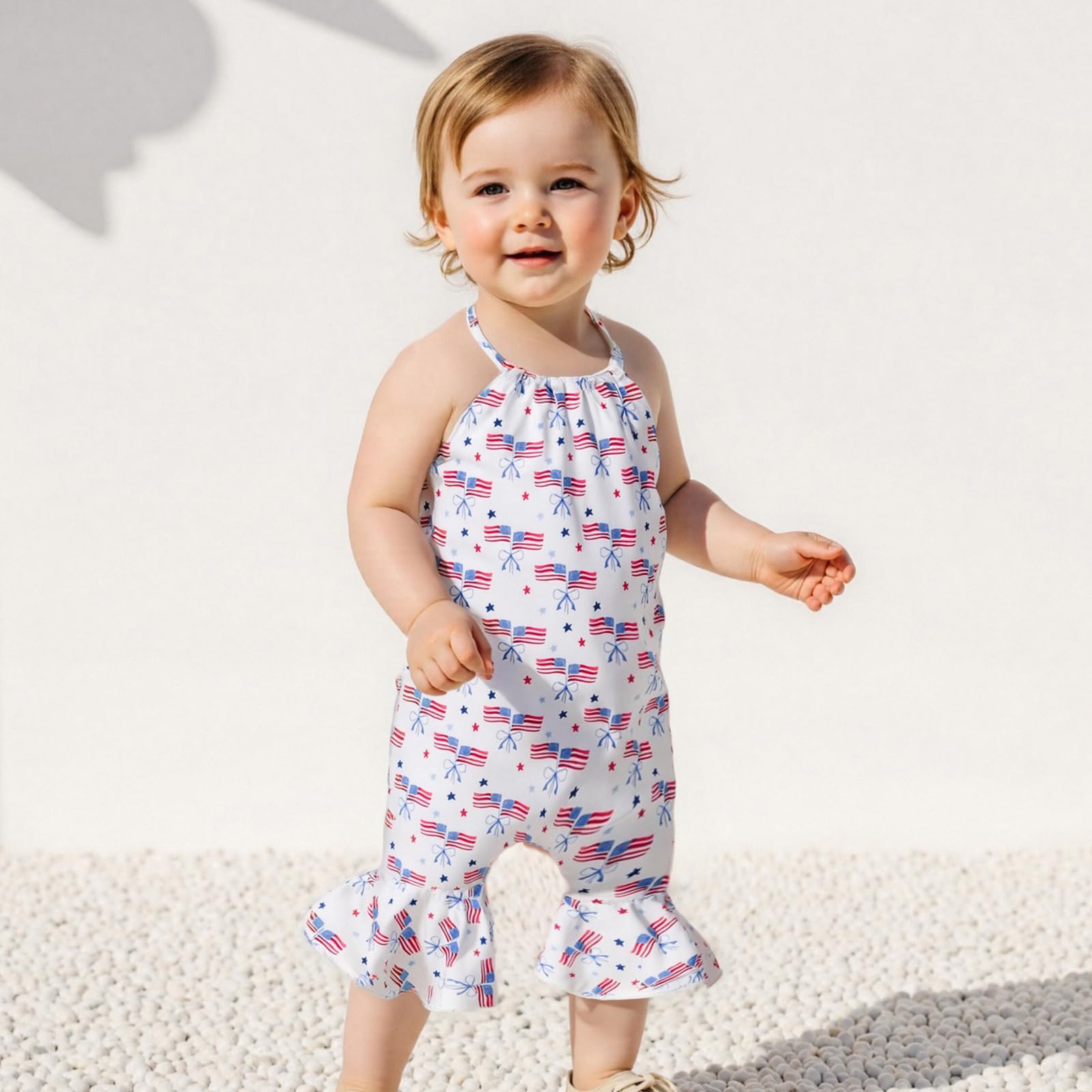 Gaono Toddler Baby Girl Bell Bottom Romper American Flag/Bow Halter Flare Pants Overalls Jumpsuit 4th of July Outfit (White, 3-4T)