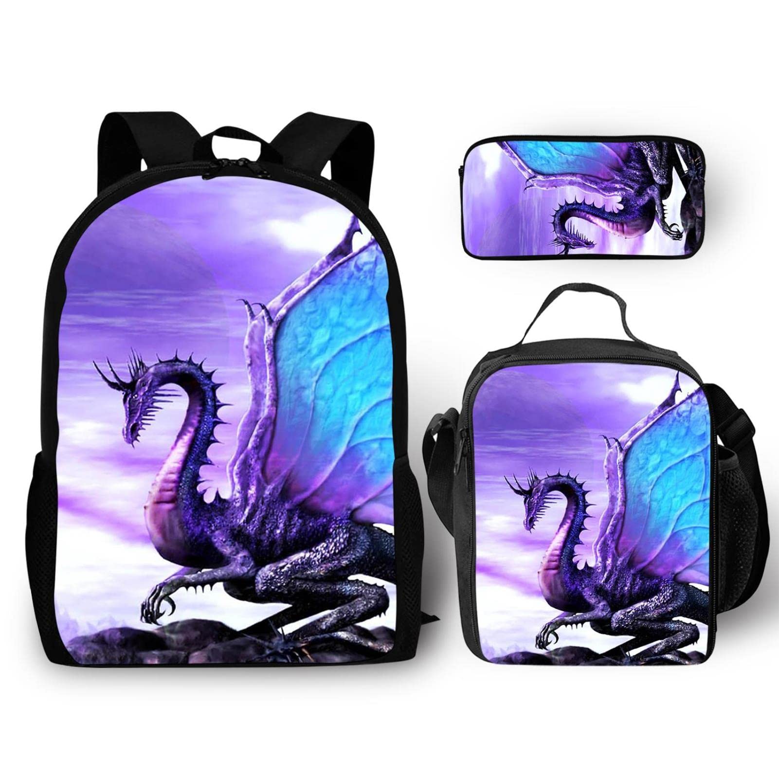 Wtiqlky 3 Piece Backpack Set Teens Purple Dragon1 Canvas School Bags,Lunch Bags,Pencil Box 3 in 1