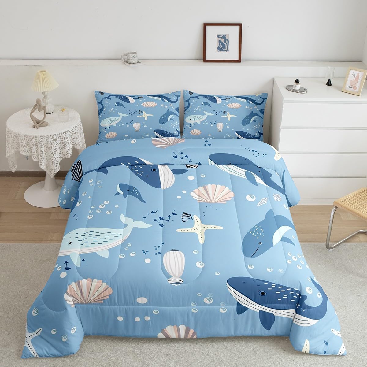 Edredon Nordico Cama 120 Impresión De Peces Ballenas Agua Y Hierba, Relleno Nordico Niños 200x220 cm con 2 Fundas de Almohada 50x75 cm, Ligero, Suave, Transpirable para 4 Estaciones Edredones