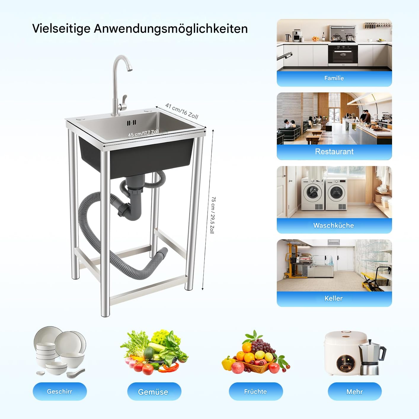 Zlewozmywak kuchenny ze stali nierdzewnej, 1 umywalka z obrotowym kranem o 360°, nośność 110 kg, duża umywalka do kuchni, restauracji, baru, ogrodu, garażu, kawiarni, łatwy do czyszczenia, nowoczesny