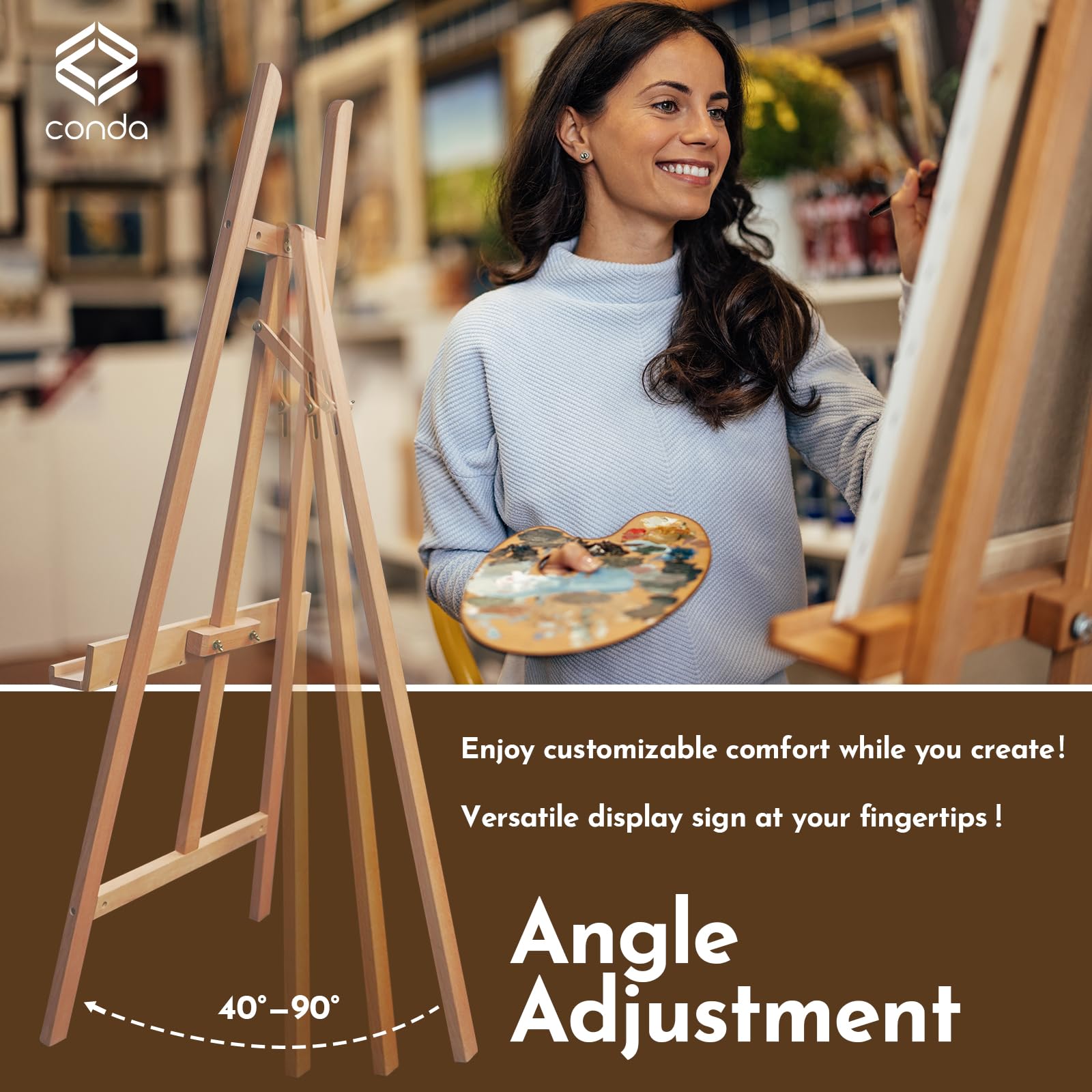 CONDA Caballete de madera ajustable para exhibición, caballete de artista de madera de haya con marco en A, sostiene lienzos de hasta 60 pulgadas, caballete inclinable para exhibición, pintura, dibujo