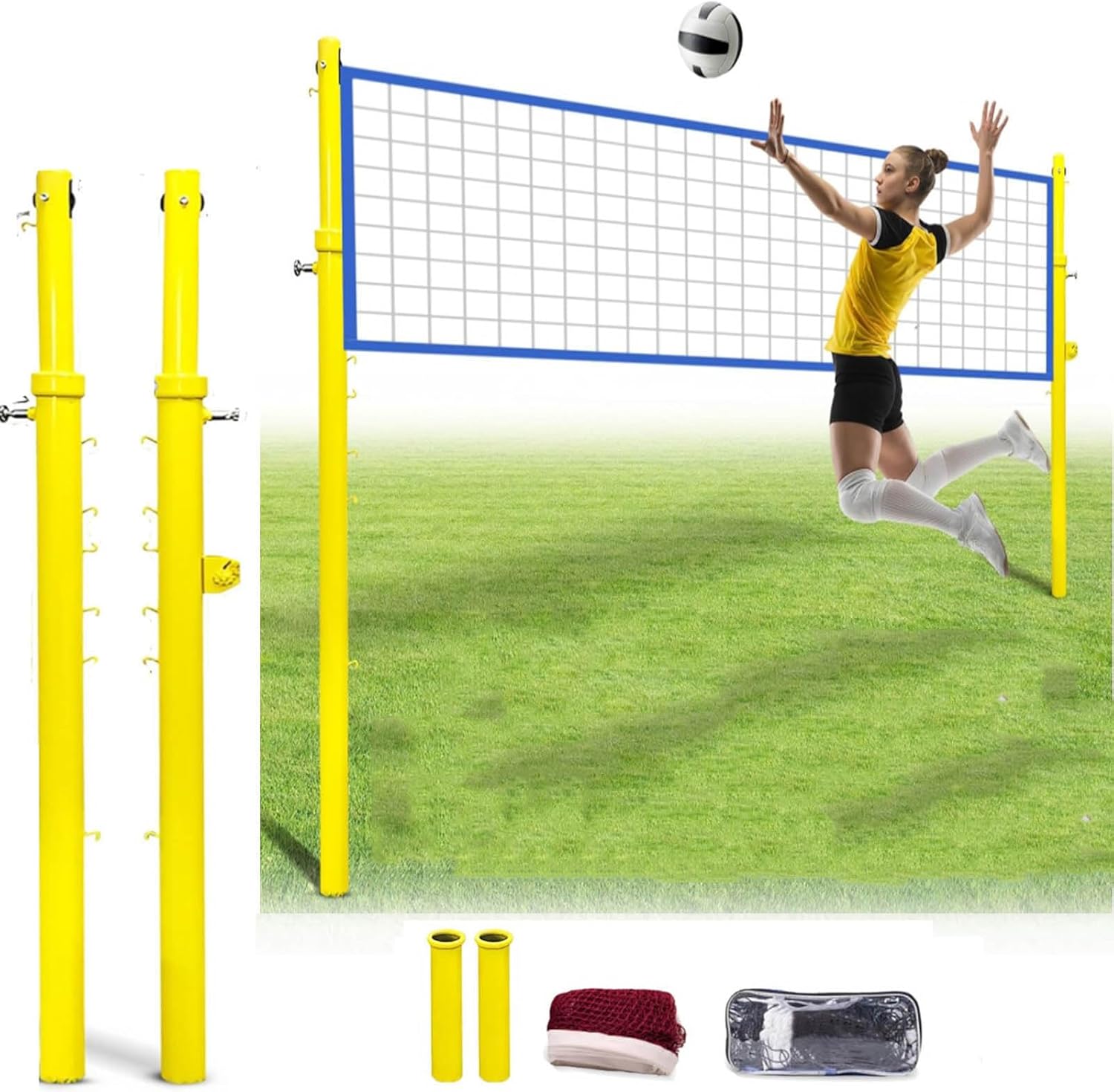 8ft Professional Volleyball Pole&Volleyball Net Pole Set-6 Adjustable Heights Badminton Net,Heavy-Duty Steel with Ground Insert & Embedded Base Volleyball Pole for Indoor/Outdoor Park,School