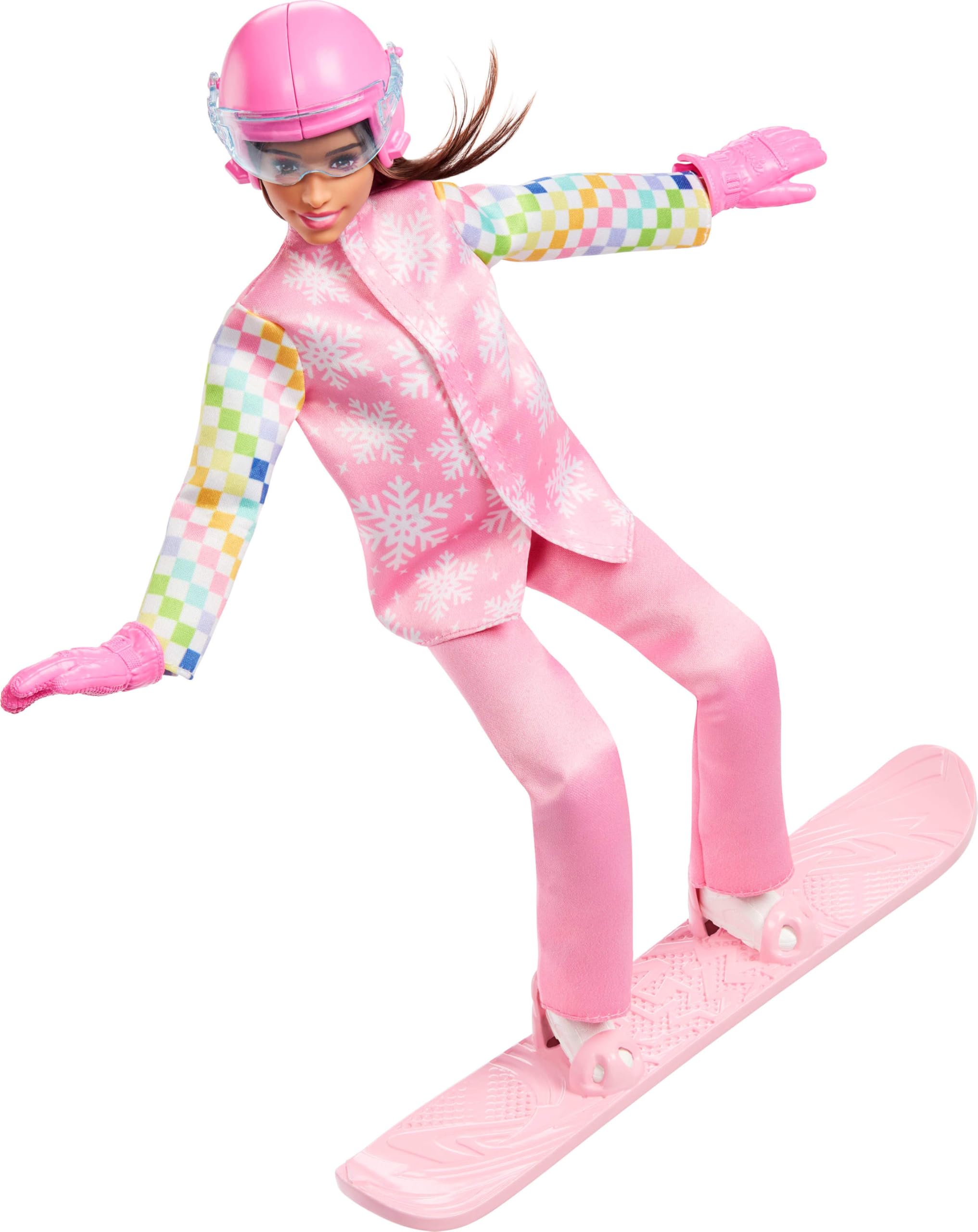 Barbie Carriere - Snowboarder, set con bambola castana con giacca da neve, pantaloni e stivali rosa, 10 accessori a tema inclusi e snowboard che cambia colore, 3+ anni, JKF78
