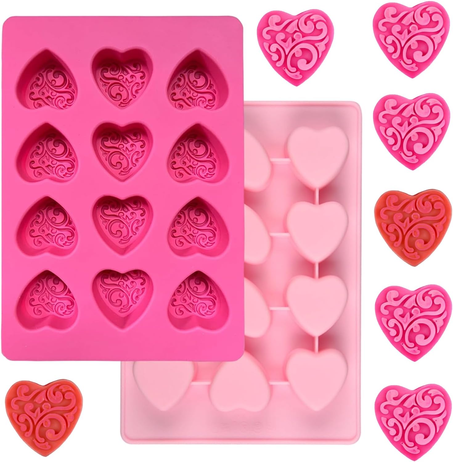 2 Pack 12 Cavity Heart Silicone Molds Set, Valentine's Day Non-Stick Rose Heart Shaped Chocolate Silicone Gummy Mold for Wedding Engagement Party Candy Making Baking Ice Cube Kitchen Decoration
