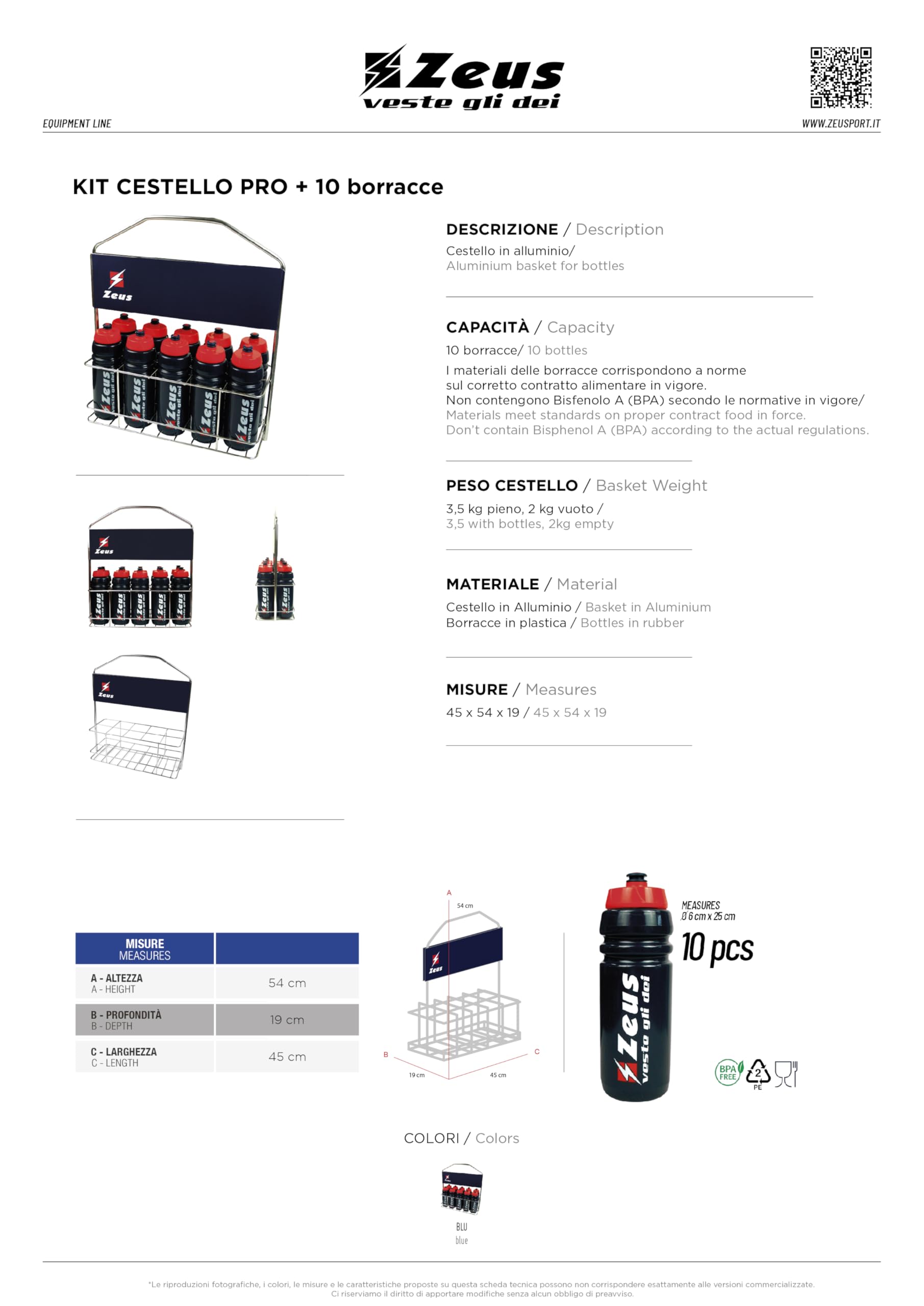 Etoile Kit Cestello PRO con 10 Borracce per Zeus Sport Calcio Calcetto Relax Fitness Palestra Ciclismo Training Allenamento Accessori Partita Gara Tempo Libero Equipment