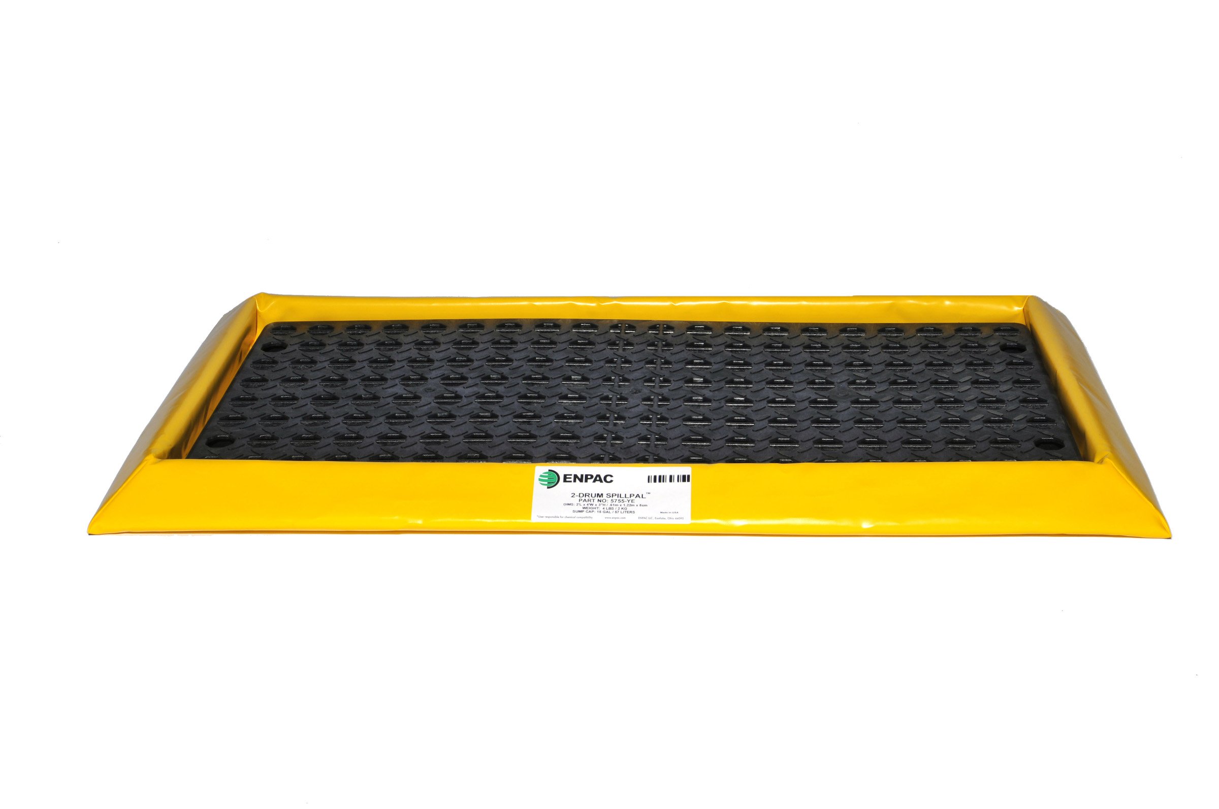 Enpac 5755-YE-G 2 Drum Flexible Sidewall Spillpal with 1 Grate, 15 Gallon Spill Capacity, 2' Length x 4' Width x 3
