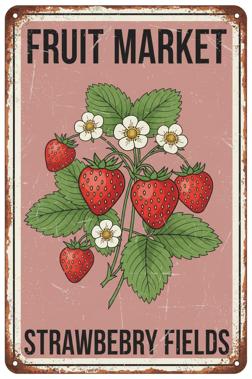 Vintage Metal Tin Sign Strawberry Decor Retro Fruit Market Strawberry Fields Metal Plaque For Dining Room Kitchen Gifts For Strawberry Lovers 8X12 Inch Custom Private Property Signs Outdoor