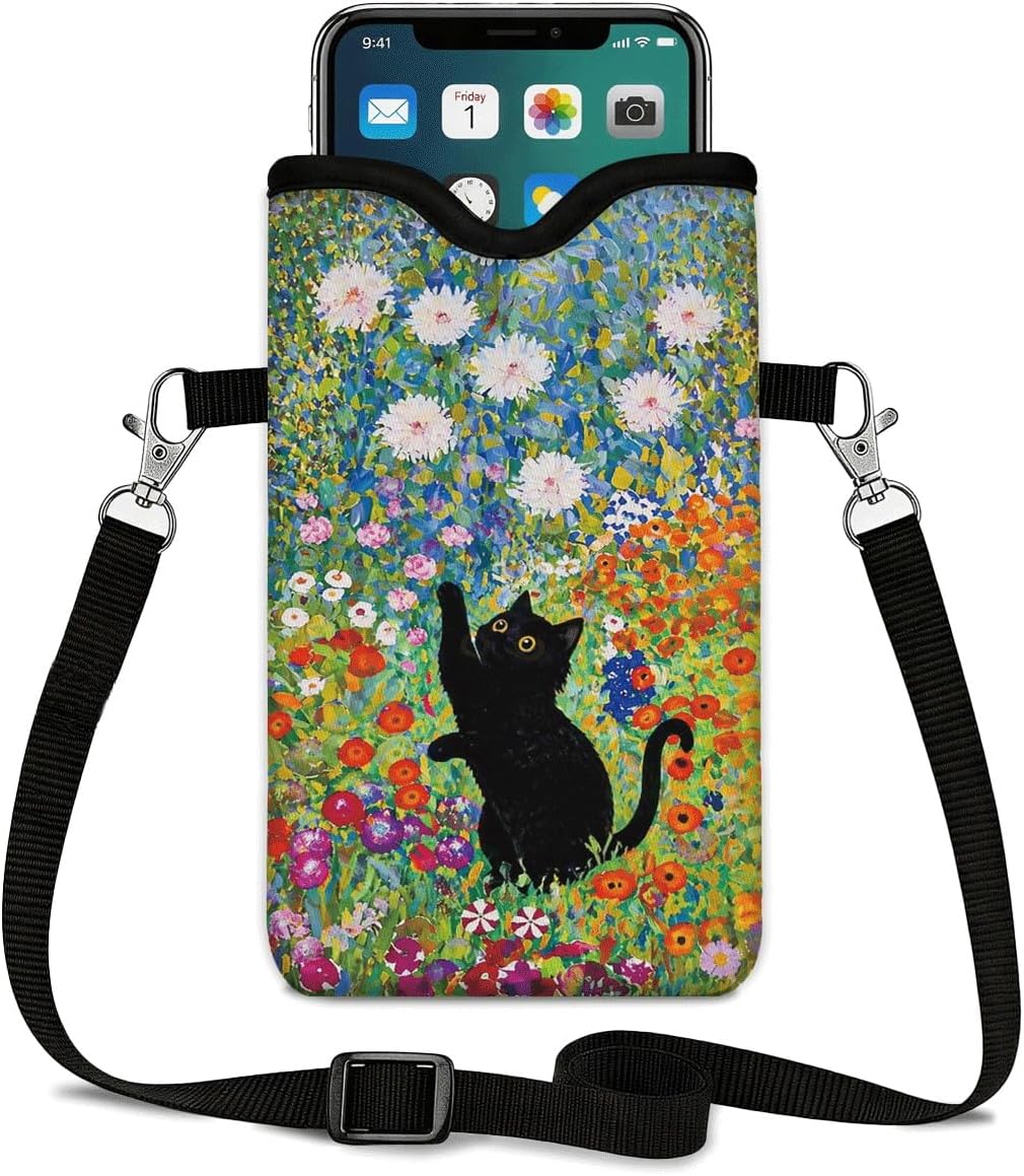 Neoprene Phone Sleeve Pouch Case Bag for Women Men with Crossbody Strap, 7.1x3.9 in, Shockproof Black Cat Mobile Protection Case Bag with Neck Lanyard, Black Cat Garden, Gift for Cats Lovers