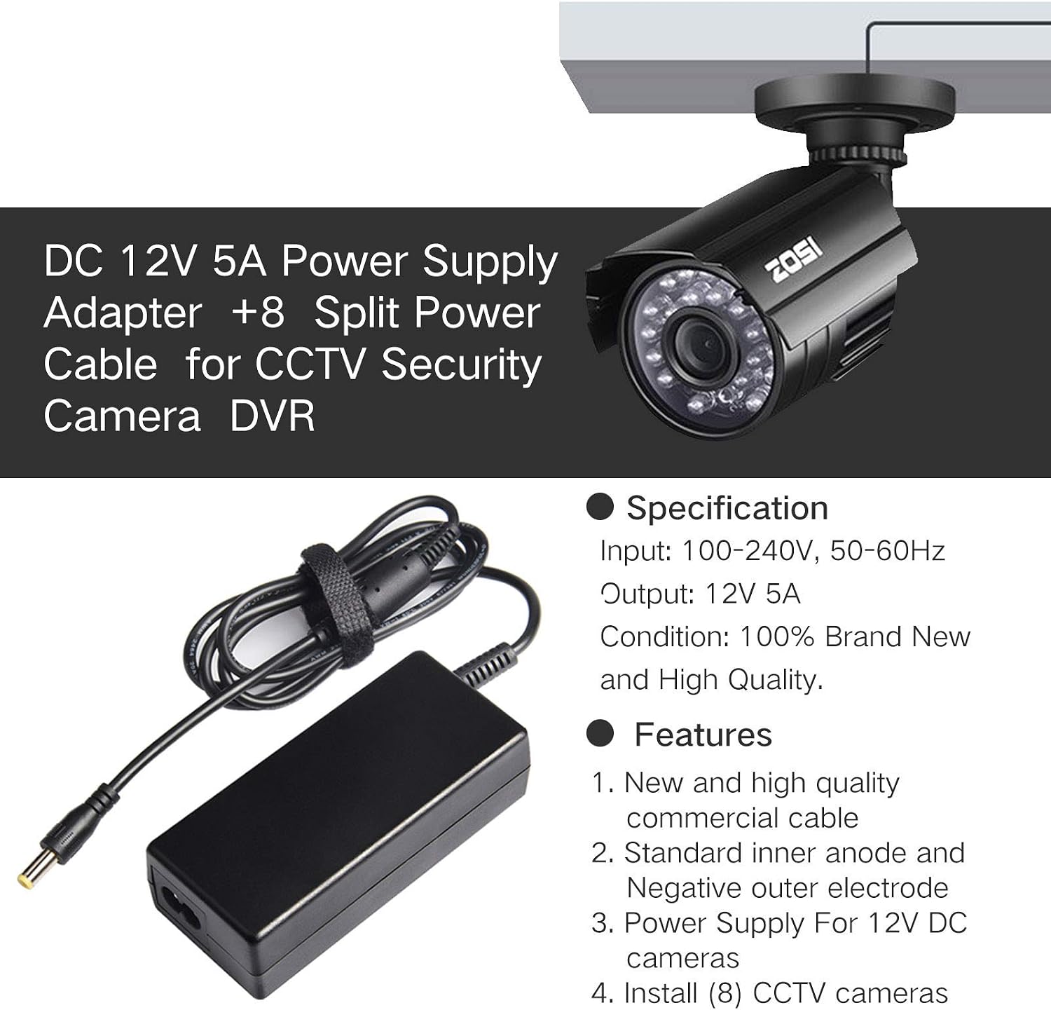 ARyee 12V 5A AC Adapter Charger Power Supply for Security Camera CCTV DVR Surveillance System