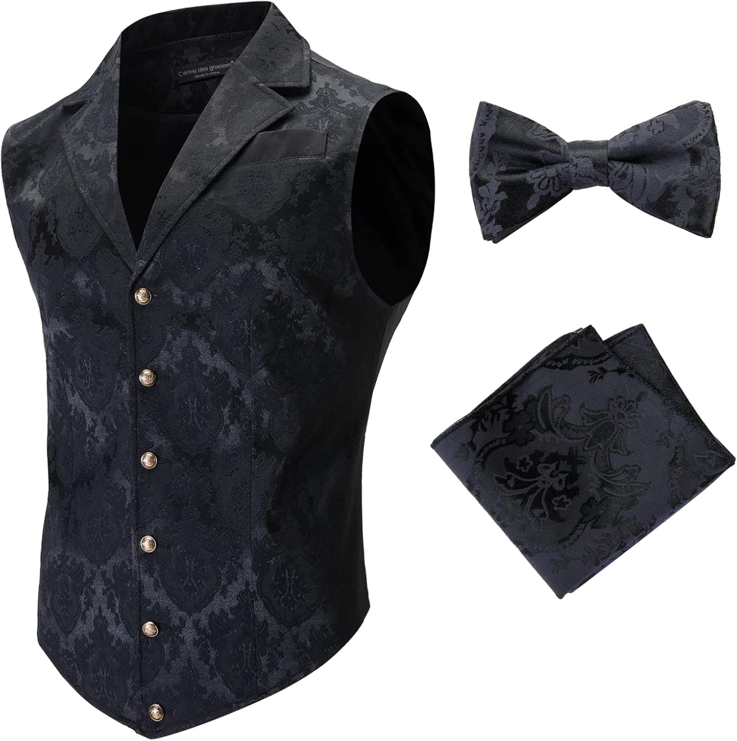 Mens Suit Vest Paisley Floral Victorian Vests Steampunk Gothic Waistcoat & bow tie Pocket Square