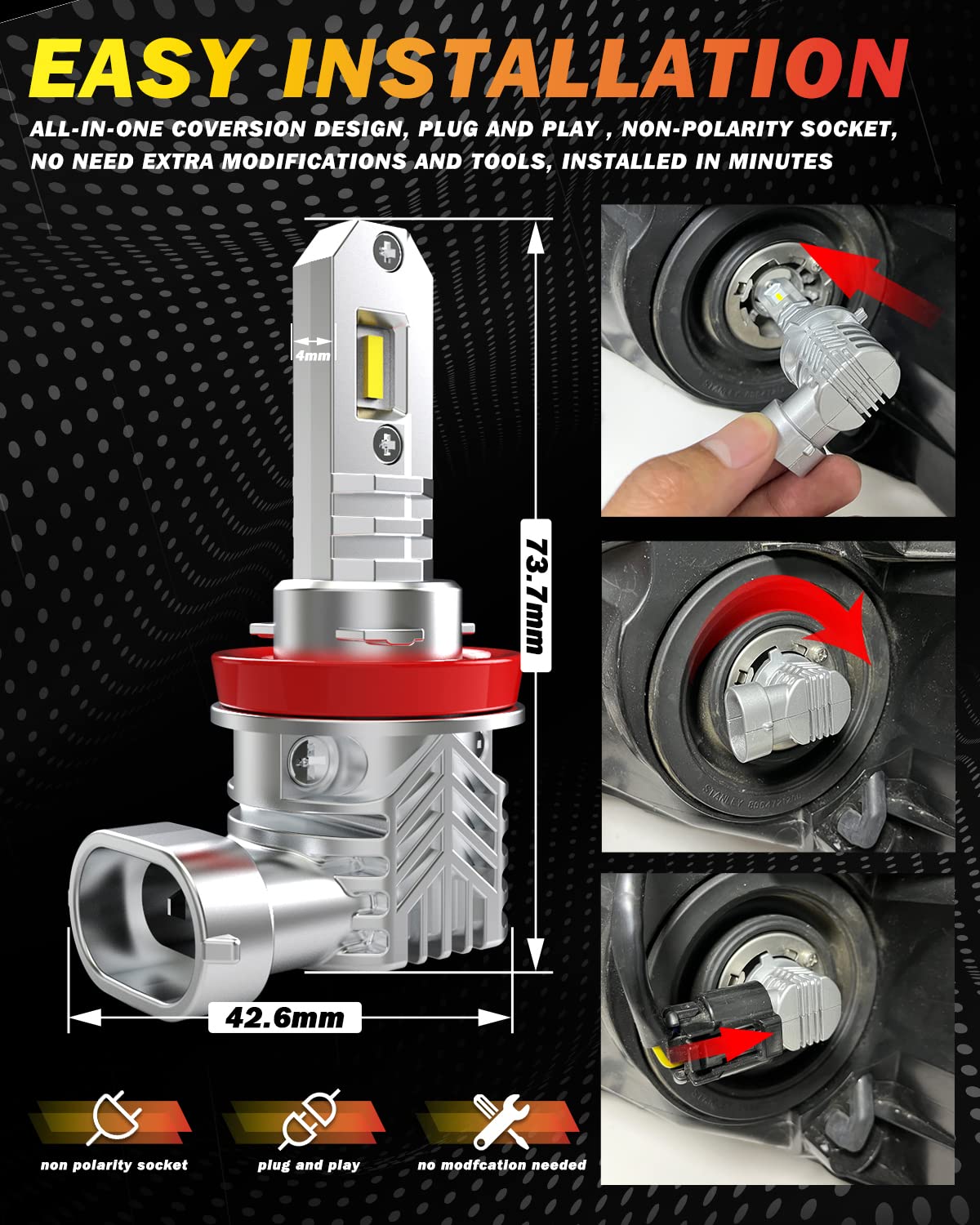 Bombillas H11 LED antiniebla 6000K Blanco, TUINCYN superbrillantes 2800lm 30W H8 H9 H16 bombilla LED antiniebla mejorada, sin polaridad tamaño mini sin ventilador Plug N Play halógena de repuesto 12V