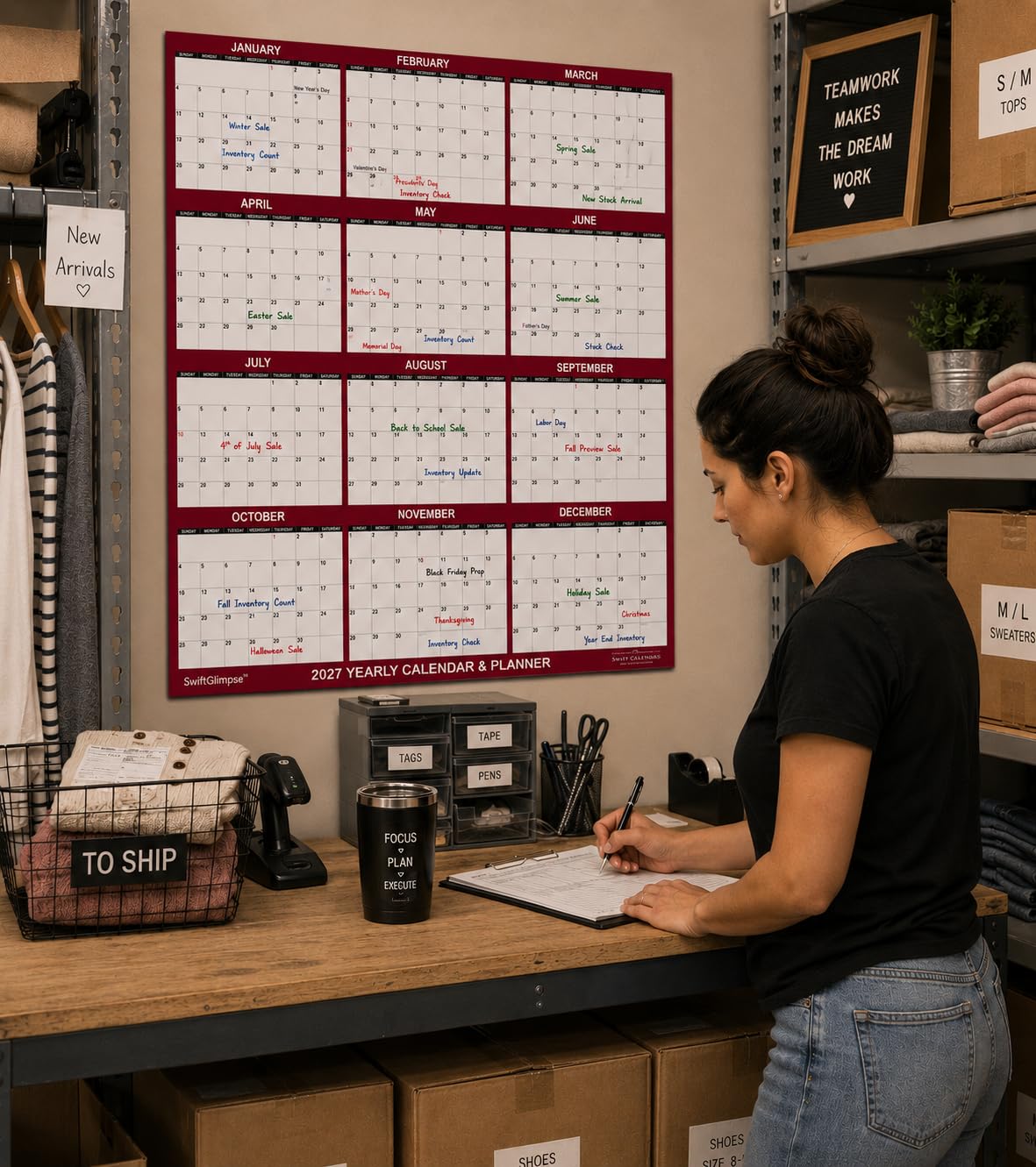 SwiftGlimpse - Calendario da parete cancellabile 2027, 81,3 x 121,9 cm, cancellabile a secco e a umido, laminato, 12 mesi, annuale, reversibile, orizzontale/verticale, marrone (confezione da 1)