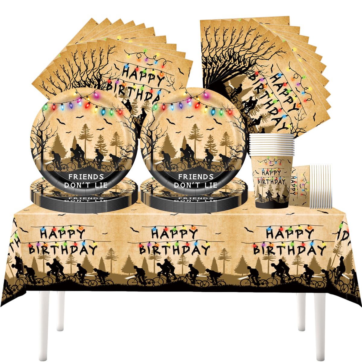 Vaisselle de fête Stranger Things, 61 pièces Vaisselle pour anniversaire d'enfants, Ensemble d'assiettes en papier Rétro, Thème FRIENDS DON'T LIE Décorations de fête, pour 20 invités