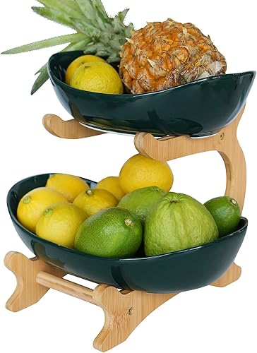 Miniatura 8 de Mangoton Cesta de frutas de 2 niveles, frutero para encimera de cocina, cesta de frutas de cerámica para cocina, organizadores de cocina, caqui